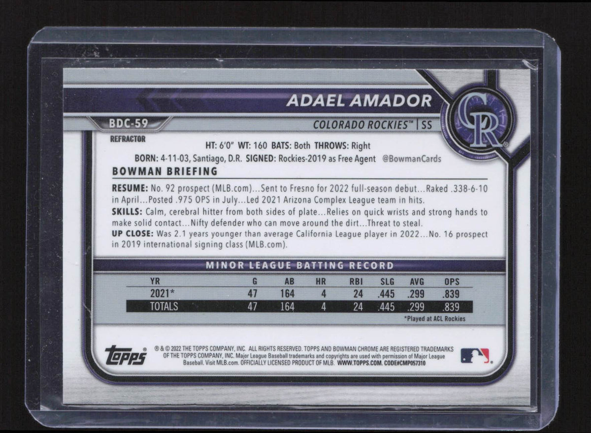 Adael Amador 2022 Bowman Draft #BDC-59 Chrome Refractor Colorado Rockies