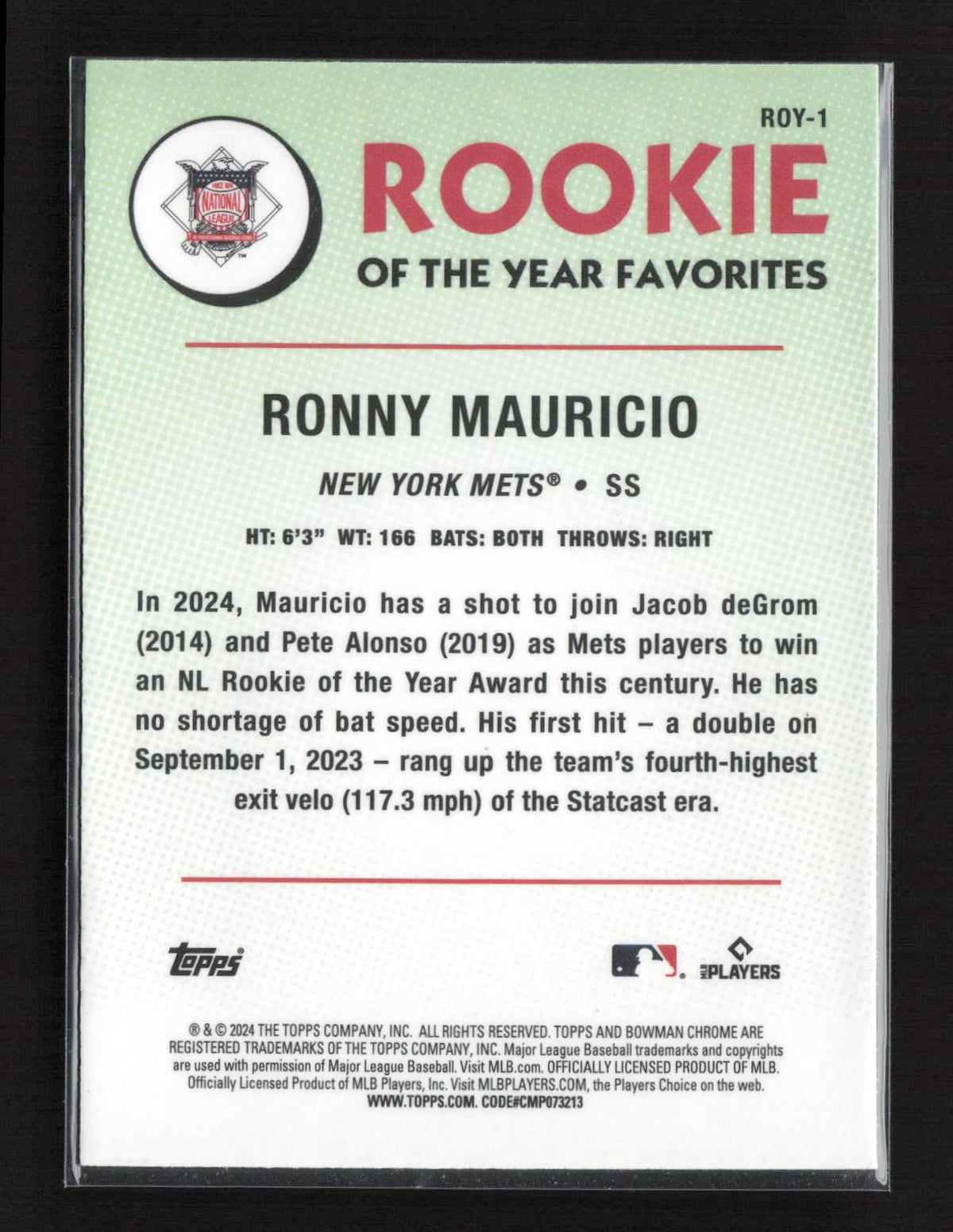 Ronny Mauricio 2024 Bowman #ROY-1 Rookie of the Year Favorites New York Mets