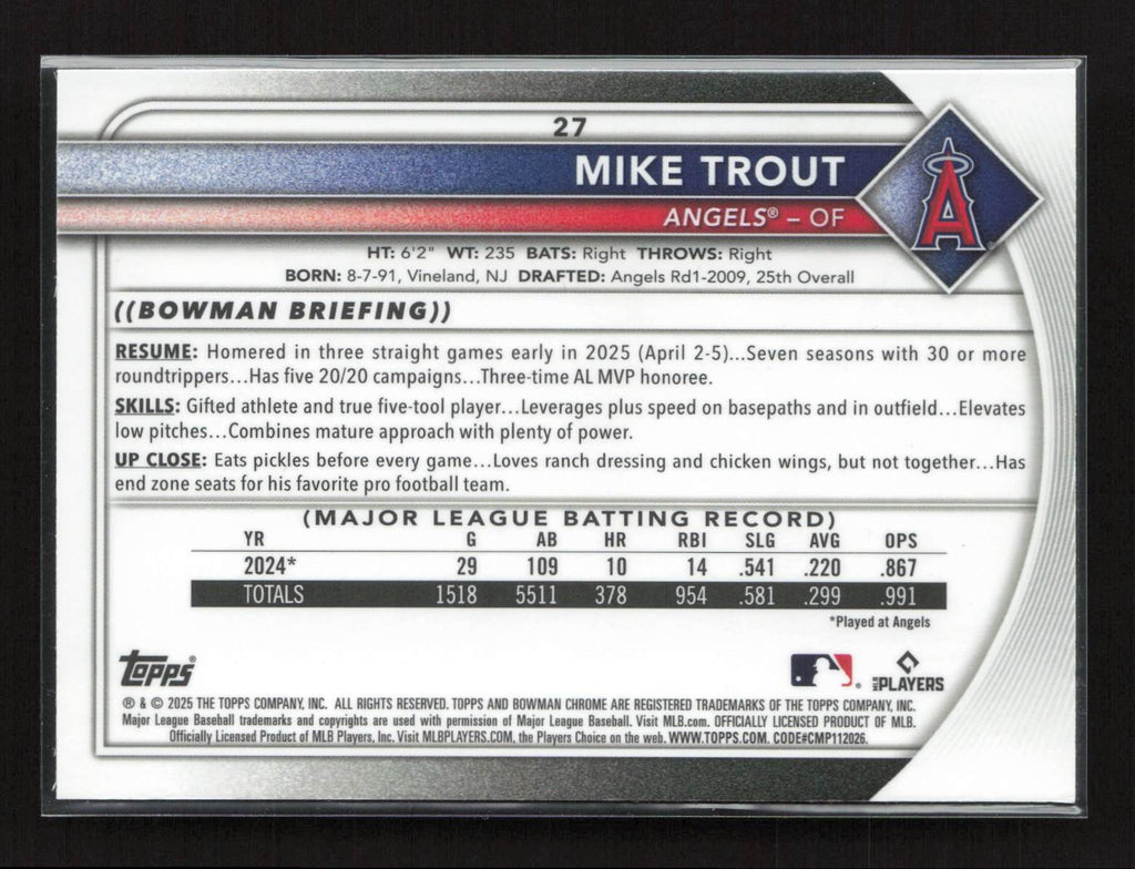 Mike Trout 2025 Bowman Chrome #27 Los Angeles Angels