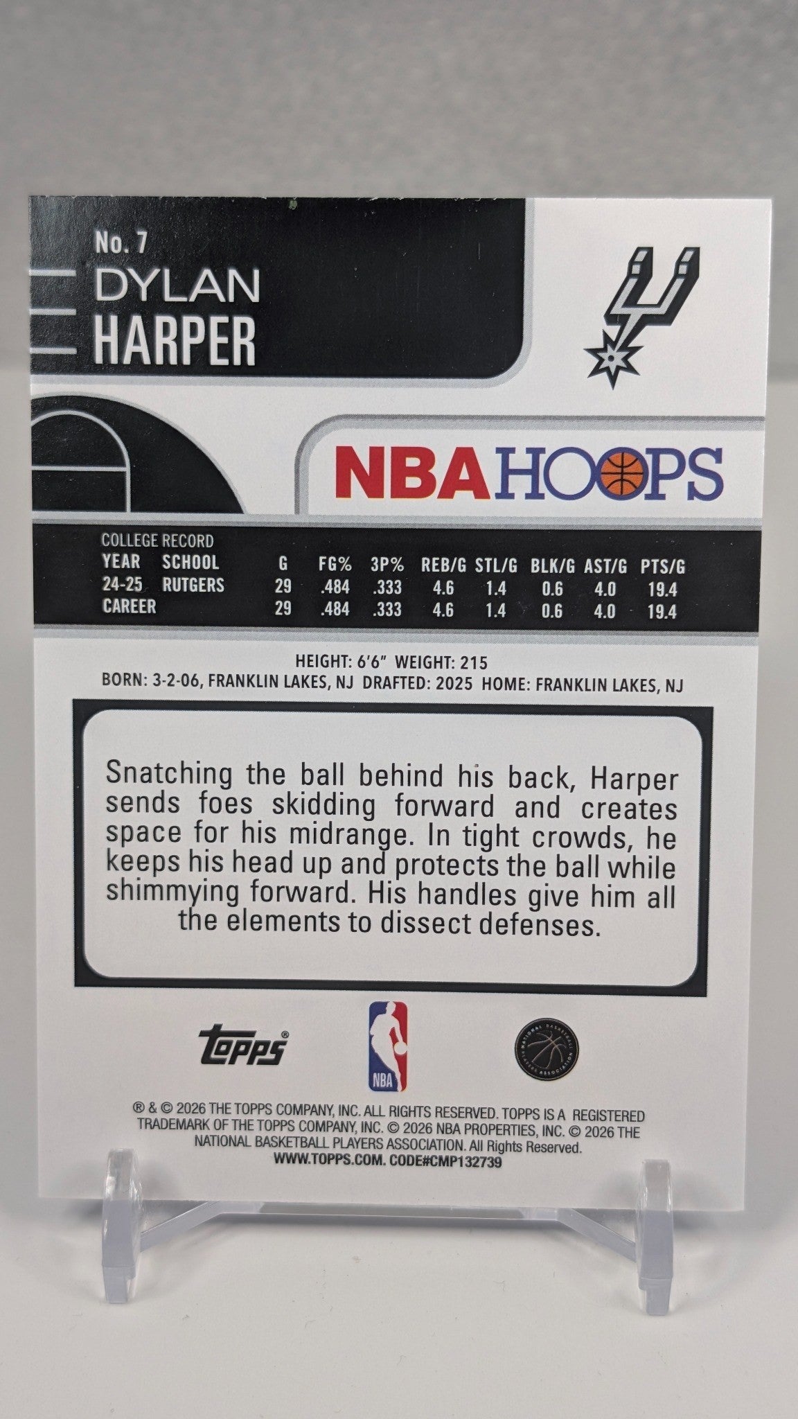 Dylan Harper 2025-26 Hoops #7 Pixel Burst Blue #/149 Rookie San Antonio Spurs
