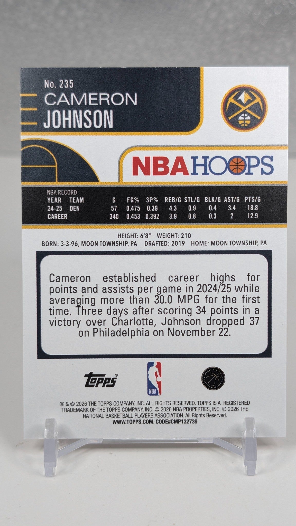 Cameron Johnson 2025-26 Hoops #235 Orange Hoops Denver Nuggets
