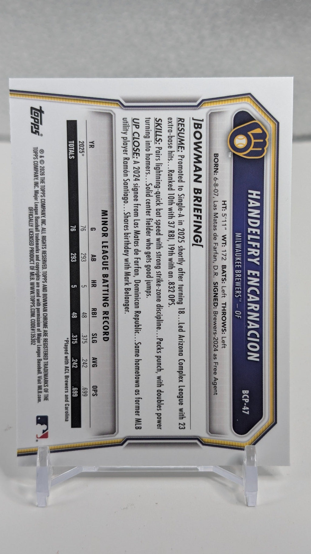 Handelfry Encarnacion 2026 Bowman #BCP-47 Chrome Prospects Milwaukee Brewers