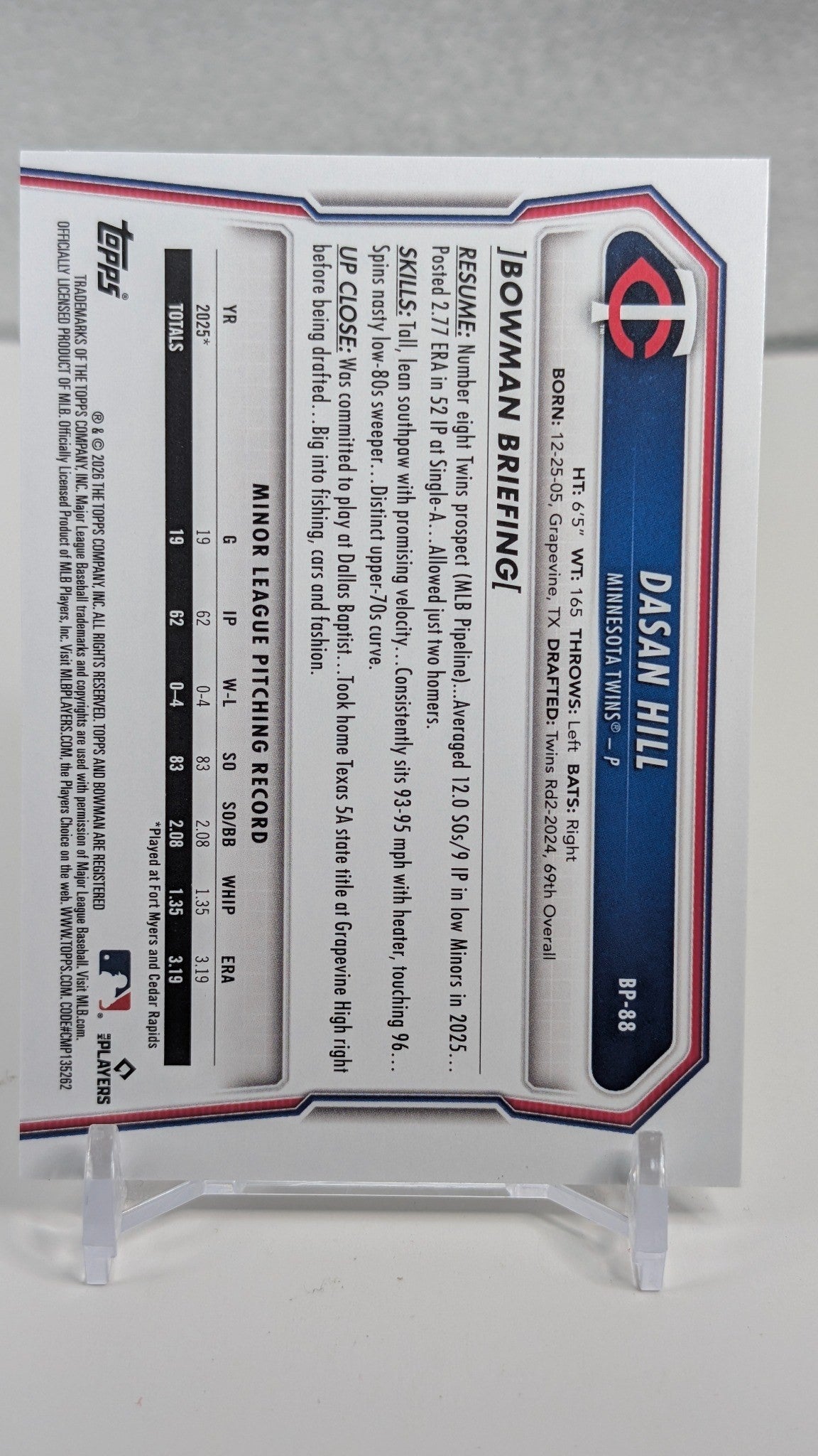 Dasan Hill 2026 Bowman #BP-88 Prospects Minnesota Twins