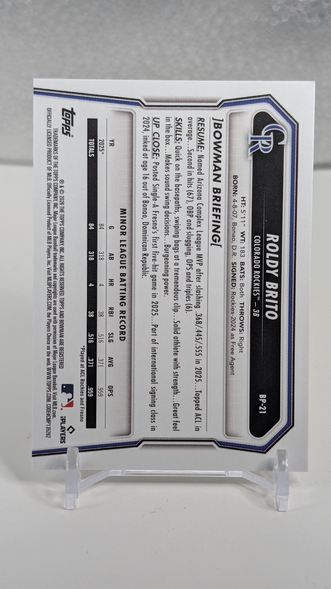 Roldy Brito 2026 Bowman #BP-21 Prospects Colorado Rockies