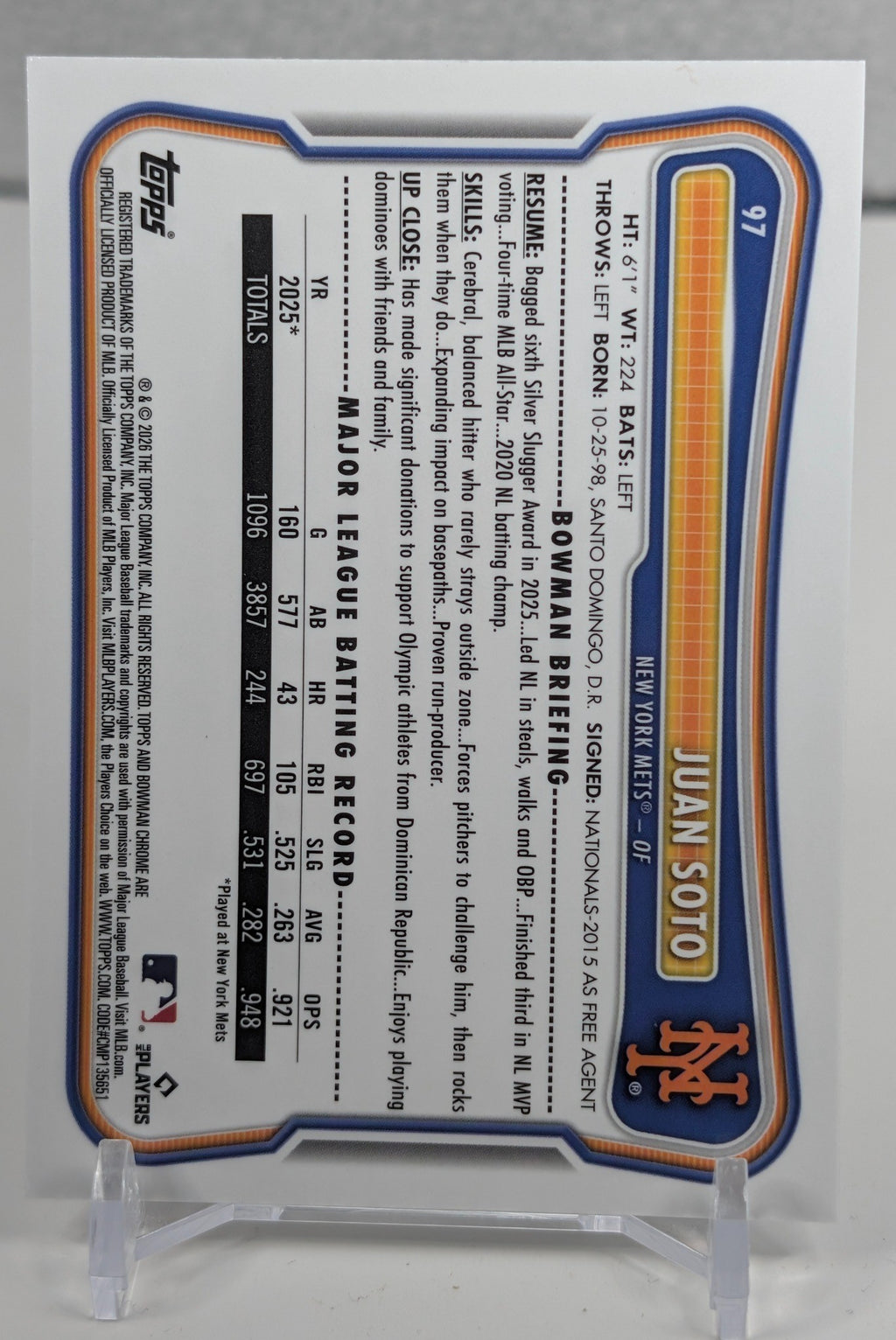 2026 Bowman Juan Soto #97 Chrome Mojo Refractors New York Mets