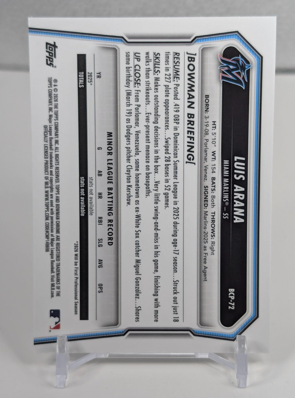 2026 Bowman Luis Arana #BCP-72 Chrome Prospects Mojo Refractor Miami Marlins
