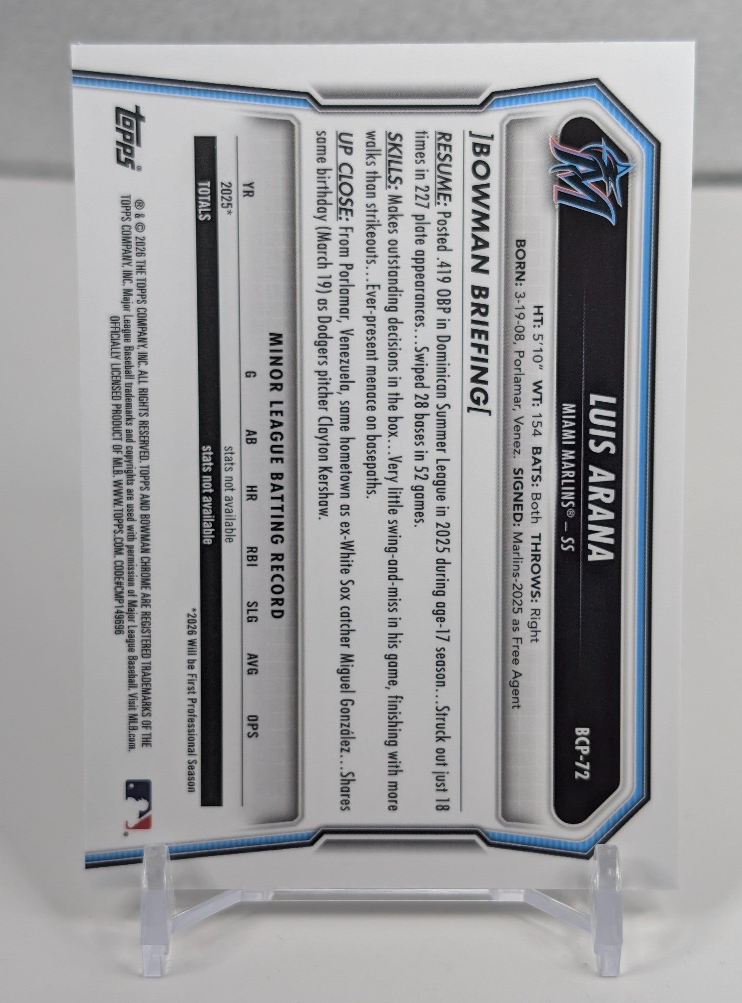 2026 Bowman Luis Arana #BCP-72 Chrome Prospects Mojo Refractor Miami Marlins