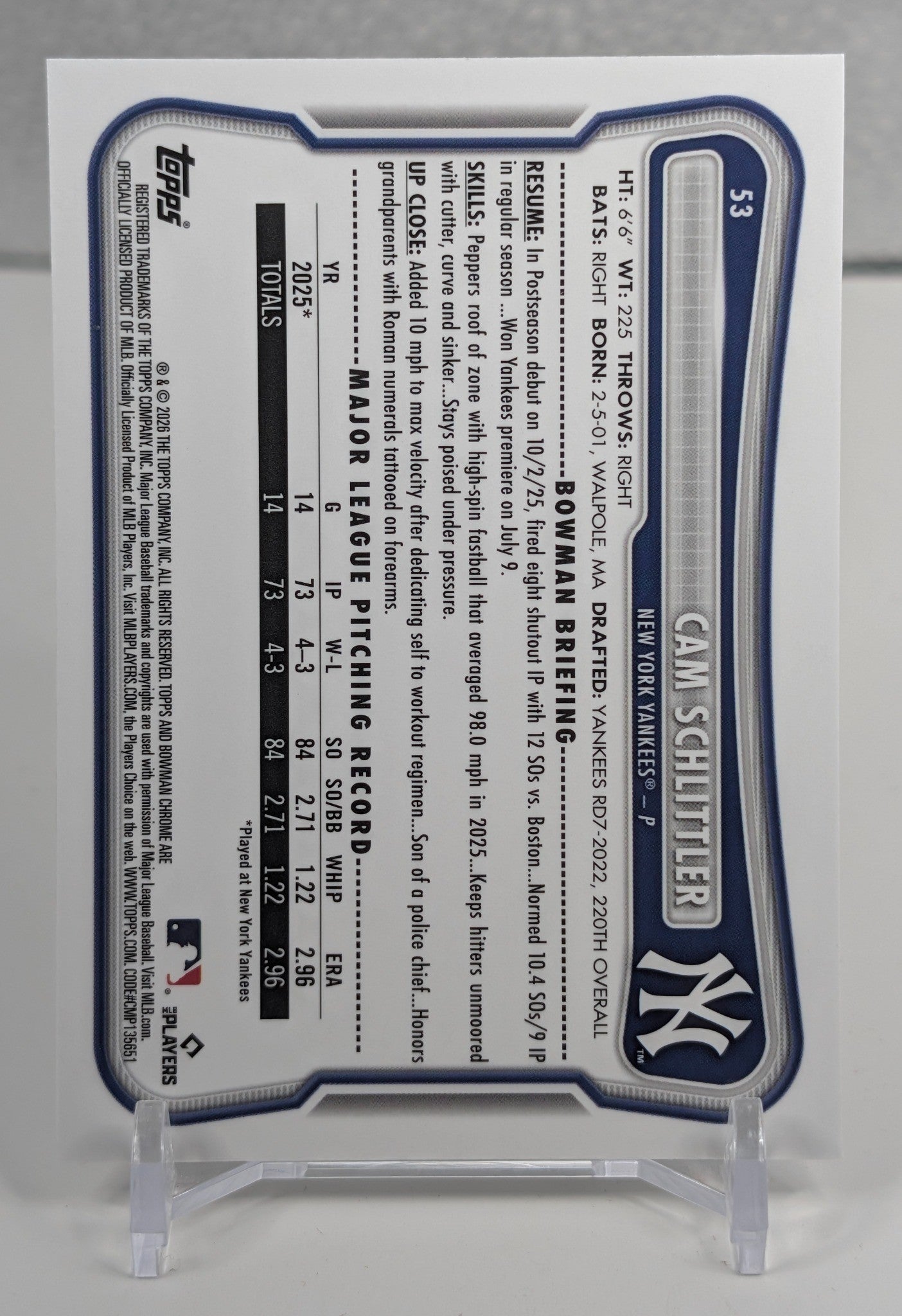 2026 Bowman Cam Schlittler #53 Chrome Mojo Refractors RC New York Yankees