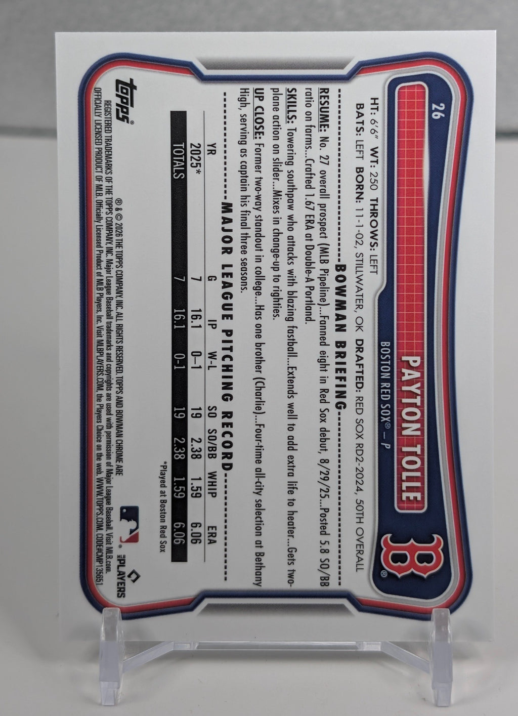 2026 Bowman Payton Tolle #26 Chrome Mojo Refractors RC Boston Red Sox