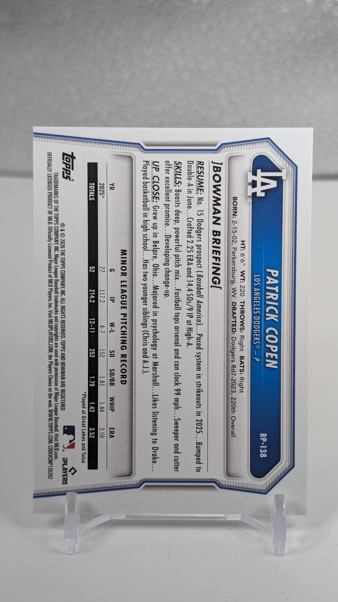 Patrick Copen 2026 Bowman #BP-138 Prospects Los Angeles Dodgers