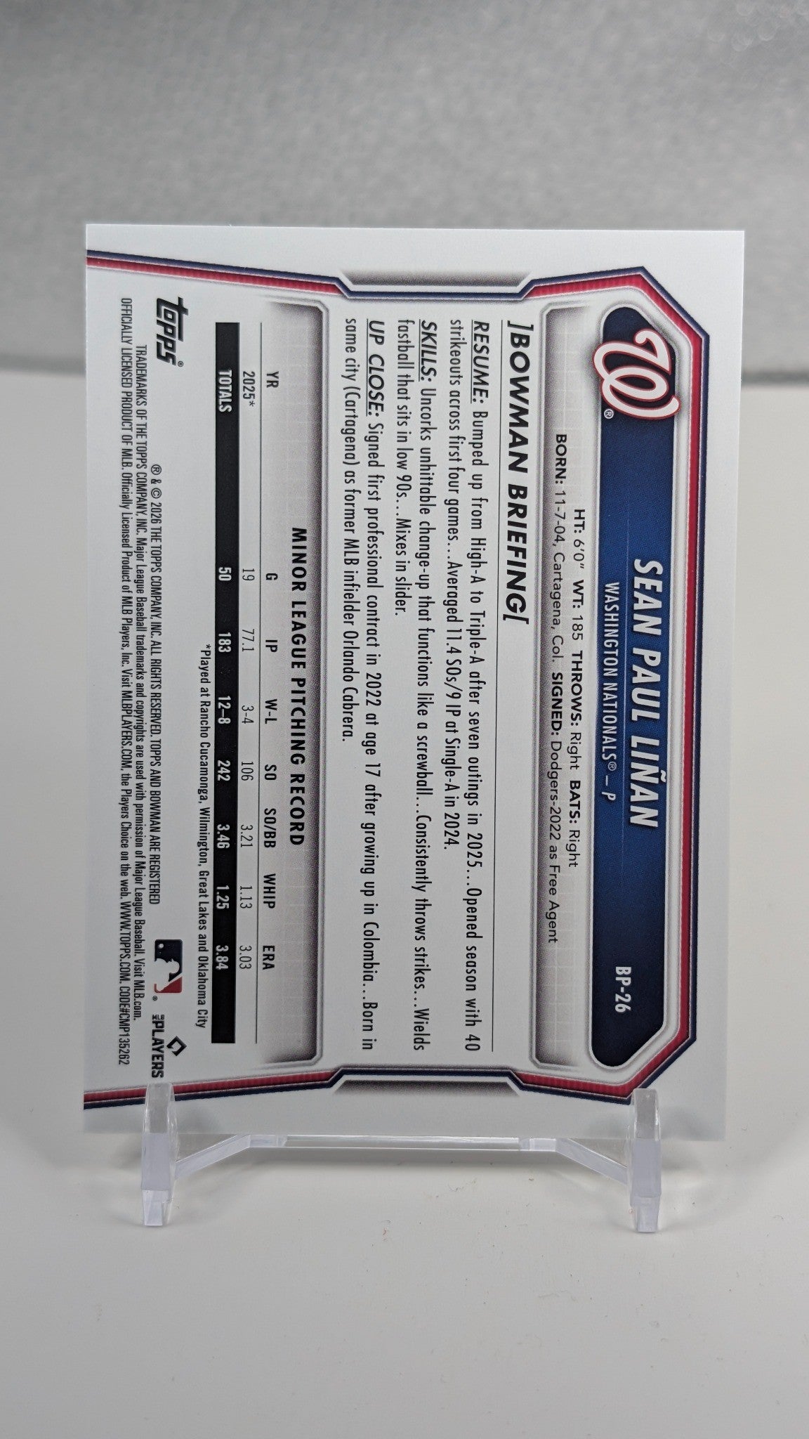 Sean Paul Liñan 2026 Bowman #BP-26 Prospects Washington Nationals