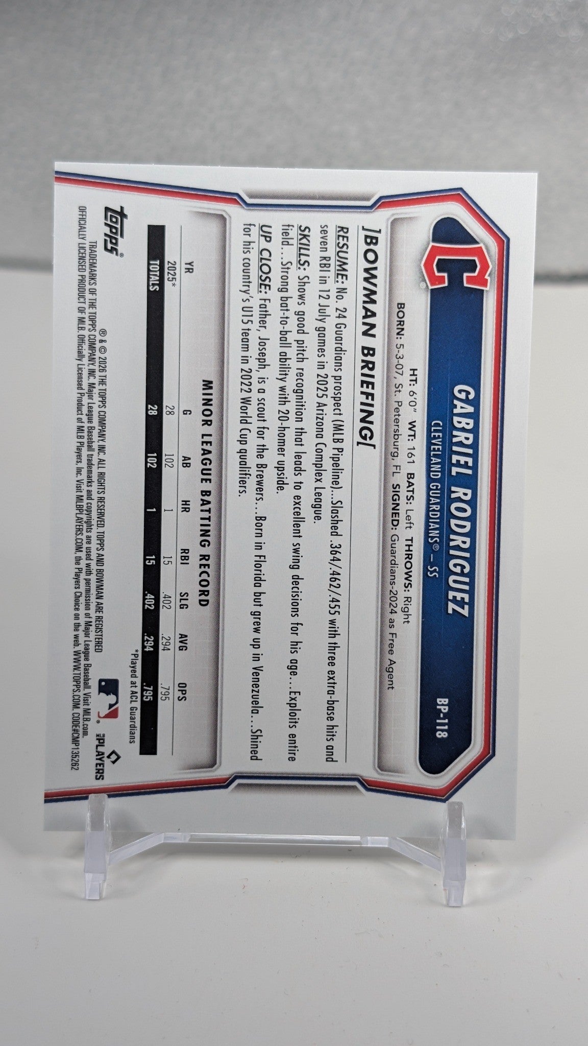 Gabriel Rodriguez 2026 Bowman #BP-118 Prospects Cleveland Guardians