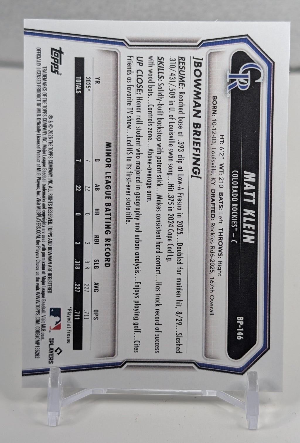 Matt Klein 2026 Bowman #BP-146 Prospects Colorado Rockies