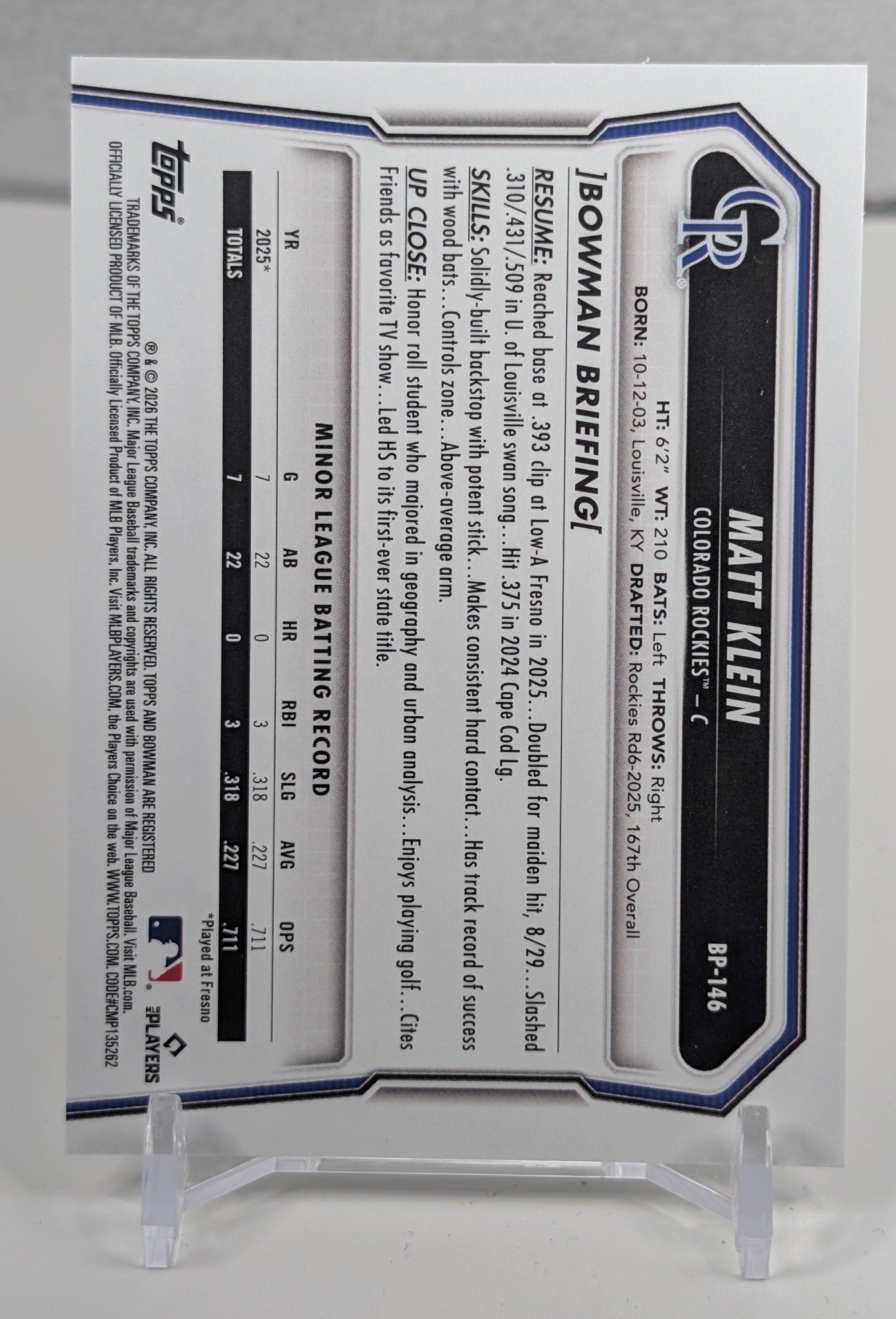 Matt Klein 2026 Bowman #BP-146 Prospects Colorado Rockies