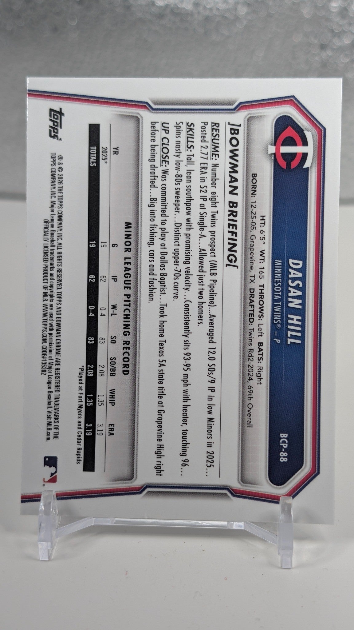 Dasan Hill 2026 Bowman #BCP-88 Chrome Prospects Minnesota Twins
