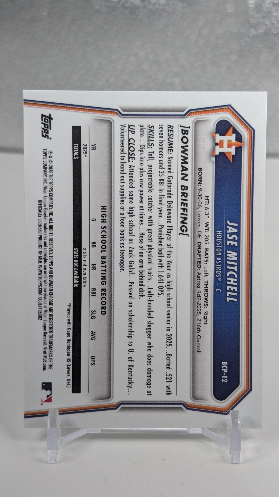 Jase Mitchell 2026 Bowman #BCP-12 Chrome Prospects Houston Astros