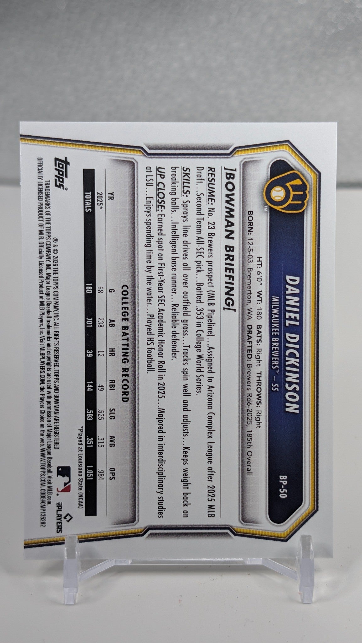 Daniel Dickinson 2026 Bowman #BP-50 Prospects Milwaukee Brewers