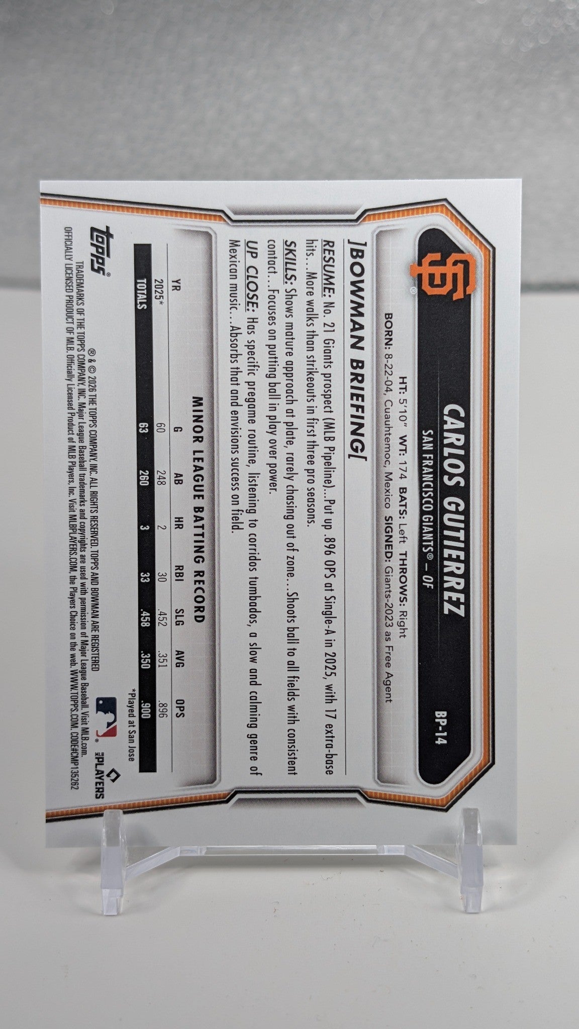 Carlos Gutierrez 2026 Bowman #BP-14 Prospects San Francisco Giants