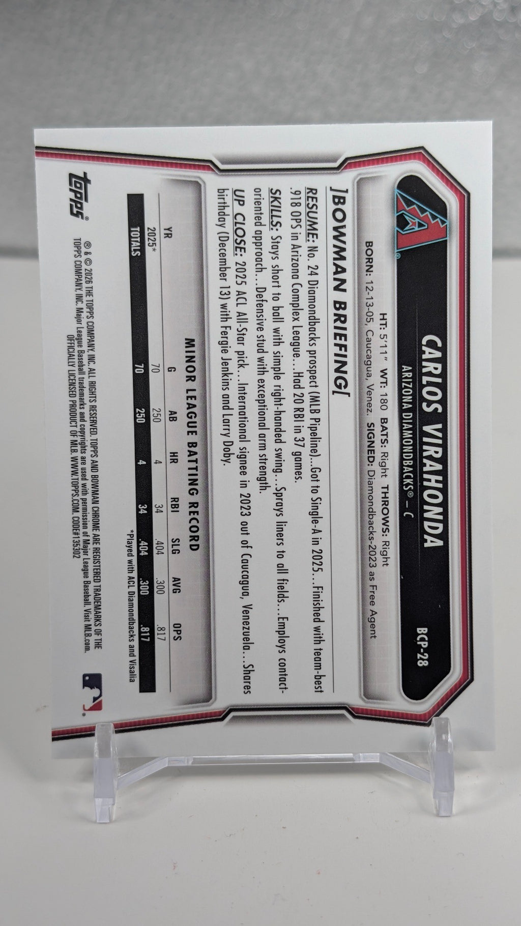 2026 Bowman Carlos Virahonda #BCP-28 Chrome Prospects Arizona Diamondbacks