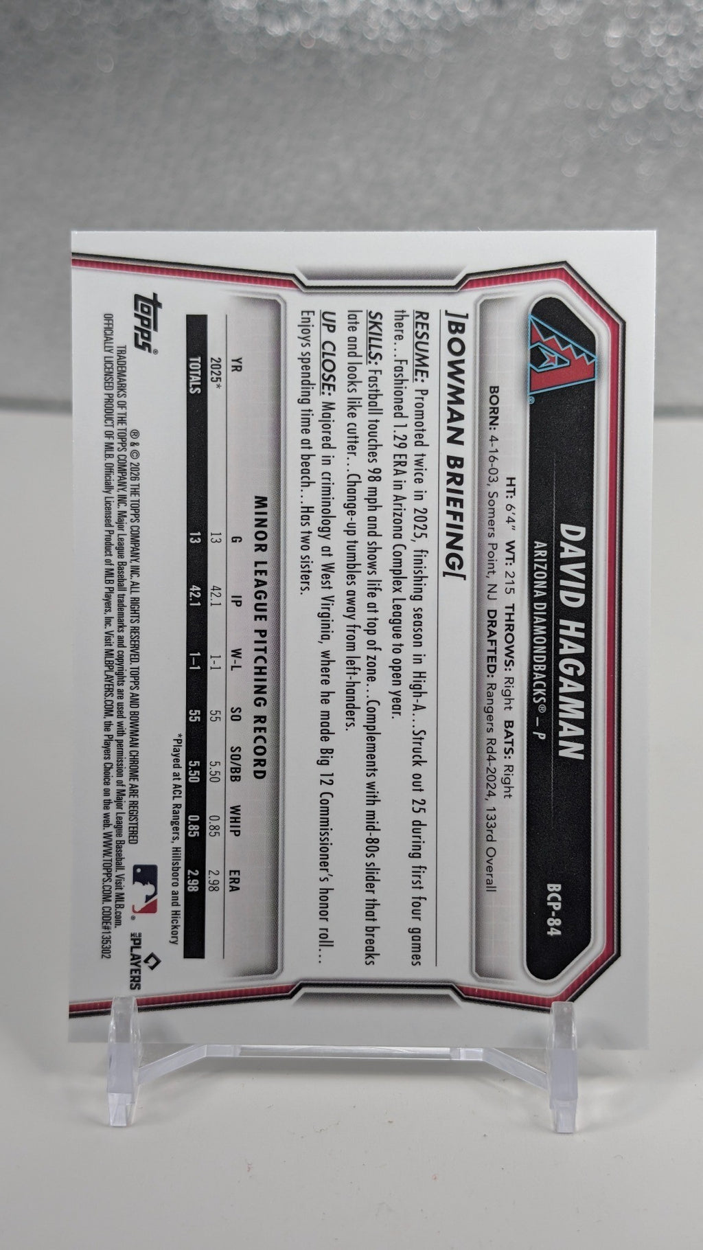 2026 Bowman David Hagaman #BCP-84 Chrome Prospects Arizona Diamondbacks