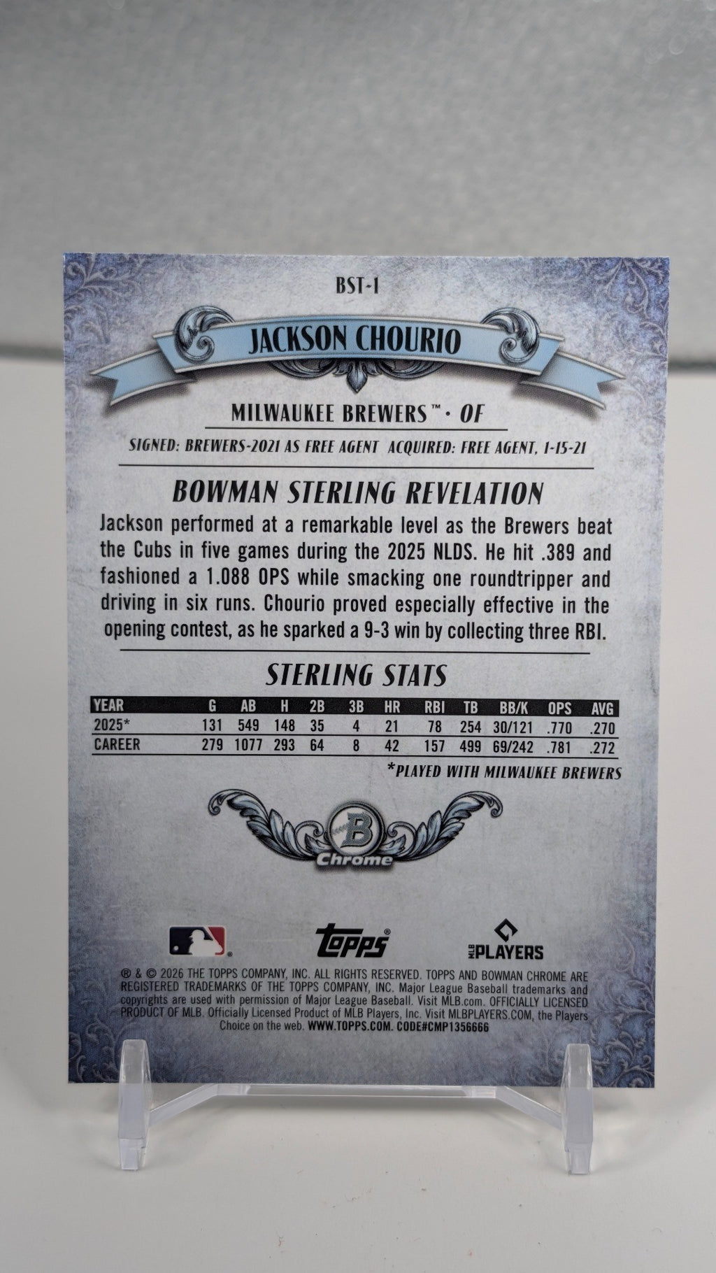 2026 Bowman Jackson Chourio #BST-1 Bowman Sterling Mojo Refractors Milwaukee Brewers