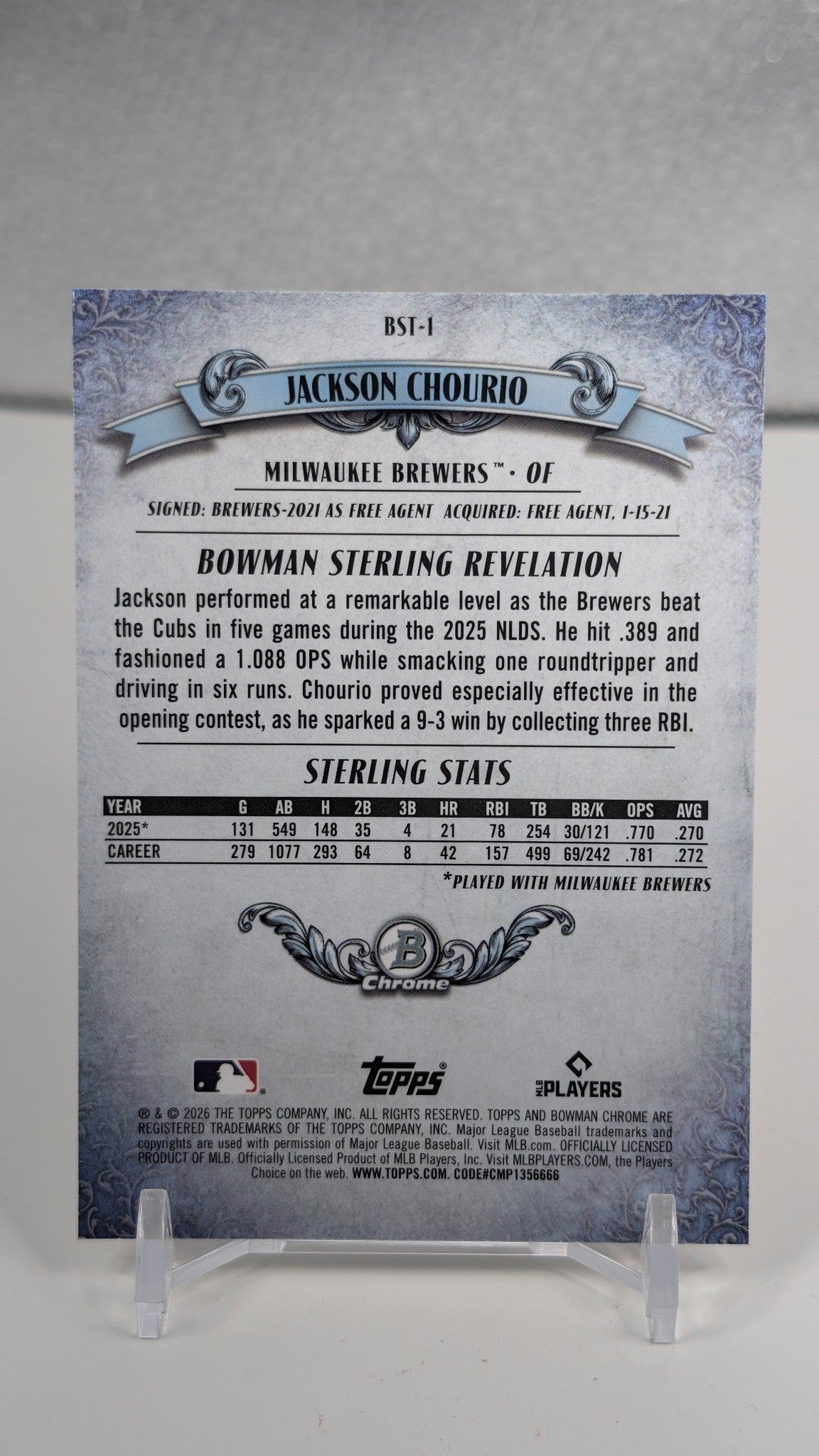 2026 Bowman Jackson Chourio #BST-1 Bowman Sterling Mojo Refractors Milwaukee Brewers