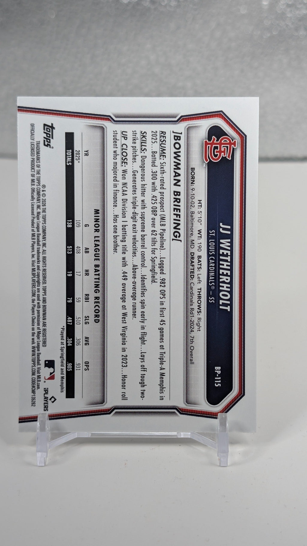 JJ Wetherholt 2026 Bowman #BP-115 Prospects St. Louis Cardinals