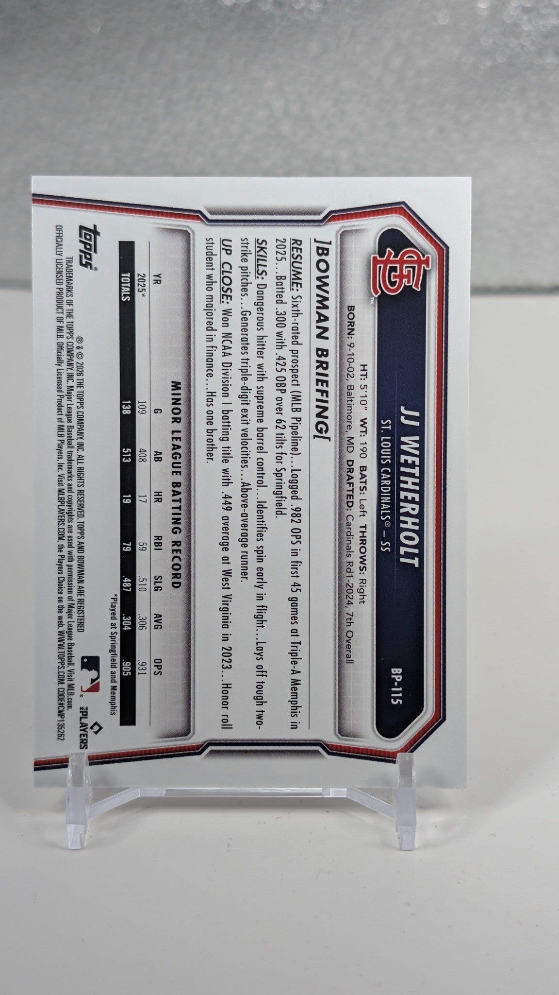 JJ Wetherholt 2026 Bowman #BP-115 Prospects St. Louis Cardinals