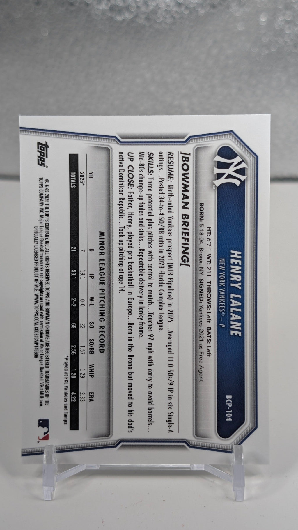 2026 Bowman Henry Lalane #BCP-104 Chrome Prospects Mojo Refractor New York Yankees