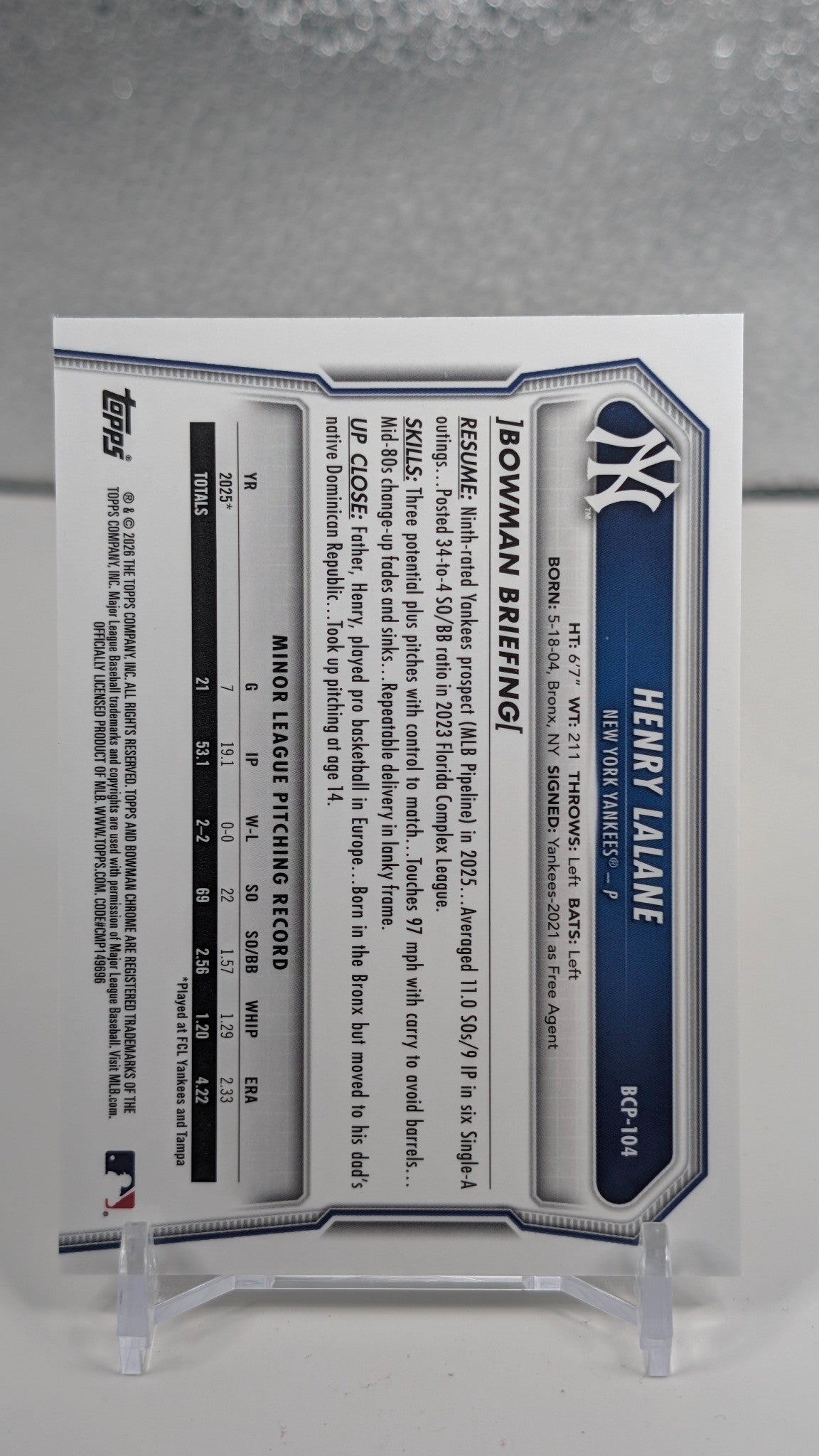 2026 Bowman Henry Lalane #BCP-104 Chrome Prospects Mojo Refractor New York Yankees