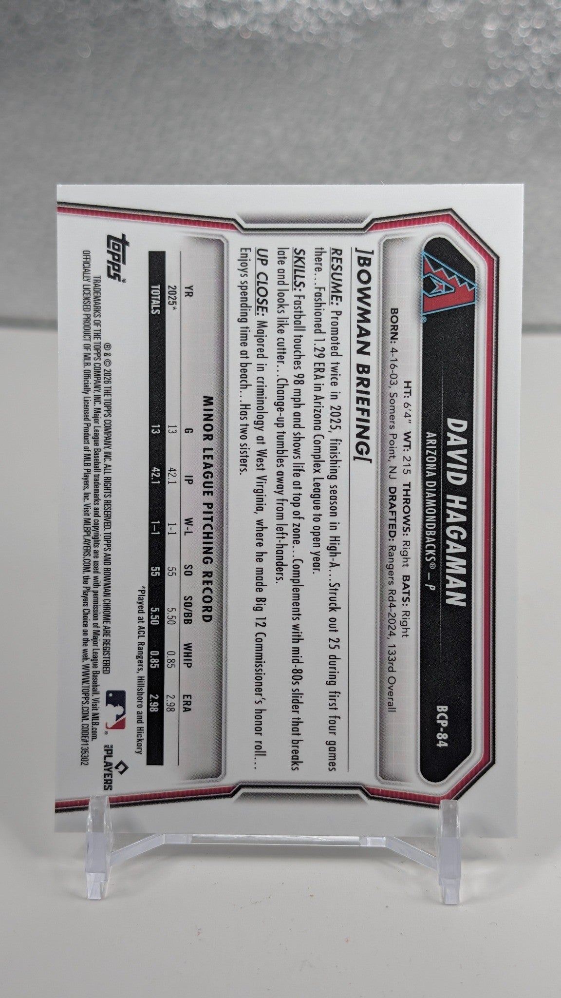 David Hagaman 2026 Bowman #BCP-84 Chrome Prospects Arizona Diamondbacks