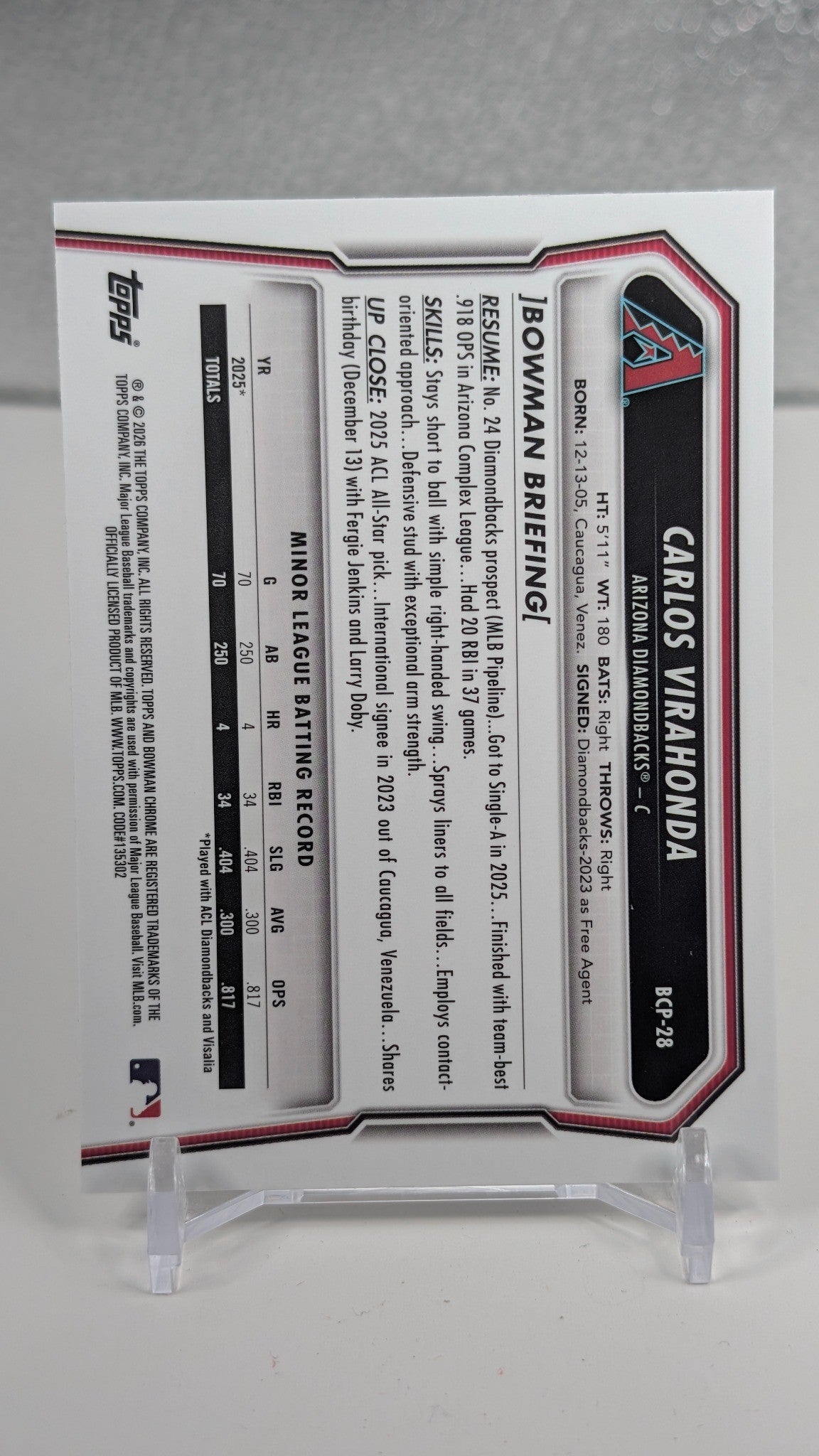 Carlos Virahonda 2026 Bowman #BCP-28 Chrome Prospects Arizona Diamondbacks