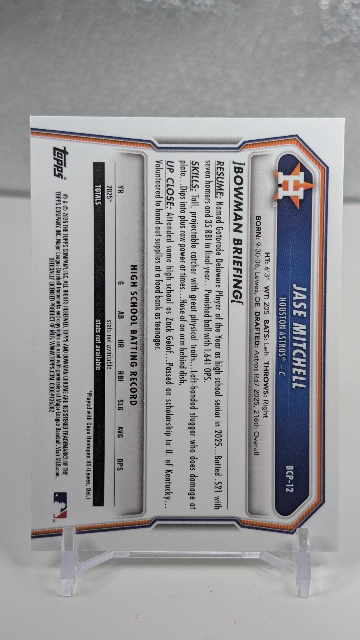 2026 Bowman Jase Mitchell #BCP-12 Chrome Prospects Houston Astros