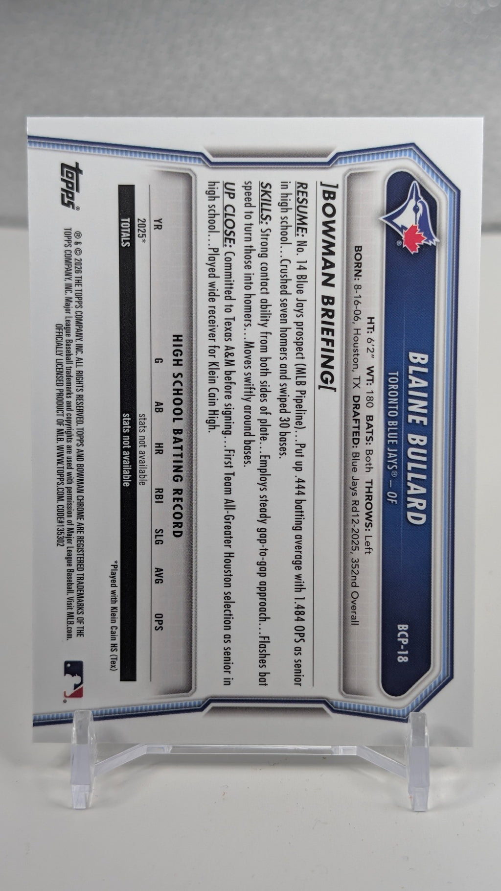 Blaine Bullard 2026 Bowman #BCP-18 Chrome Prospects Toronto Blue Jays