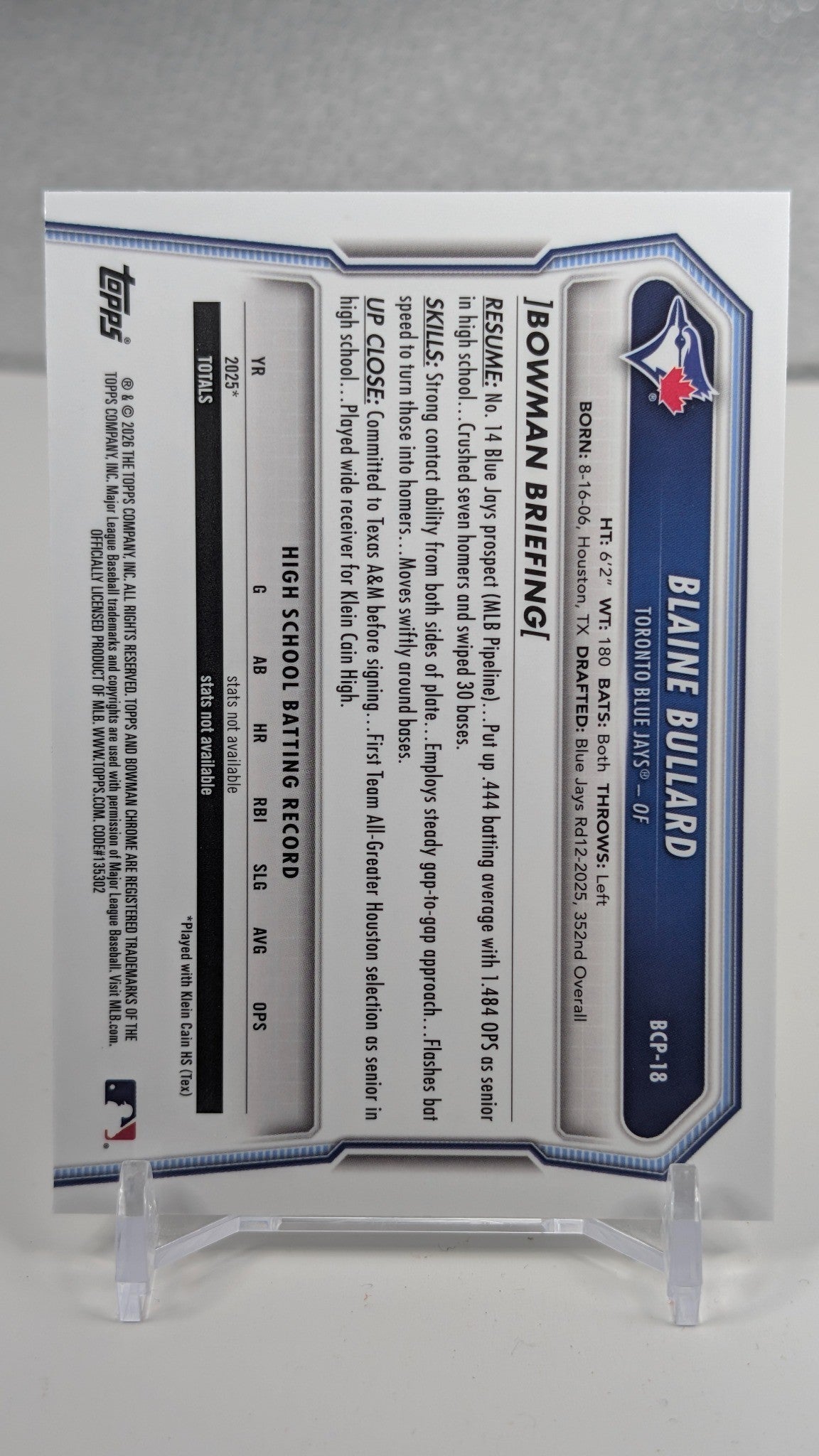 Blaine Bullard 2026 Bowman #BCP-18 Chrome Prospects Toronto Blue Jays