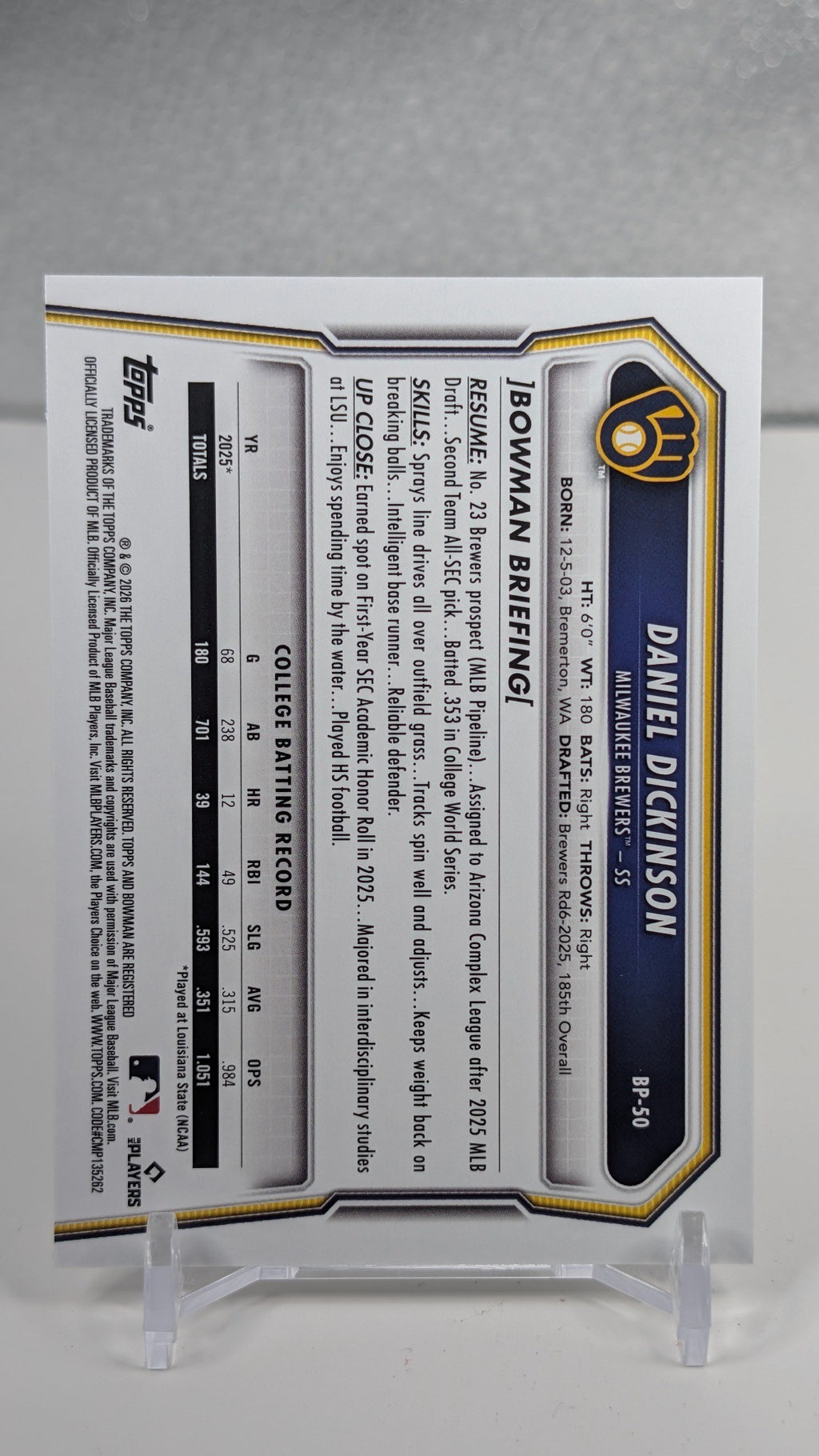 2026 Bowman Daniel Dickinson #BP-50 Prospects Milwaukee Brewers