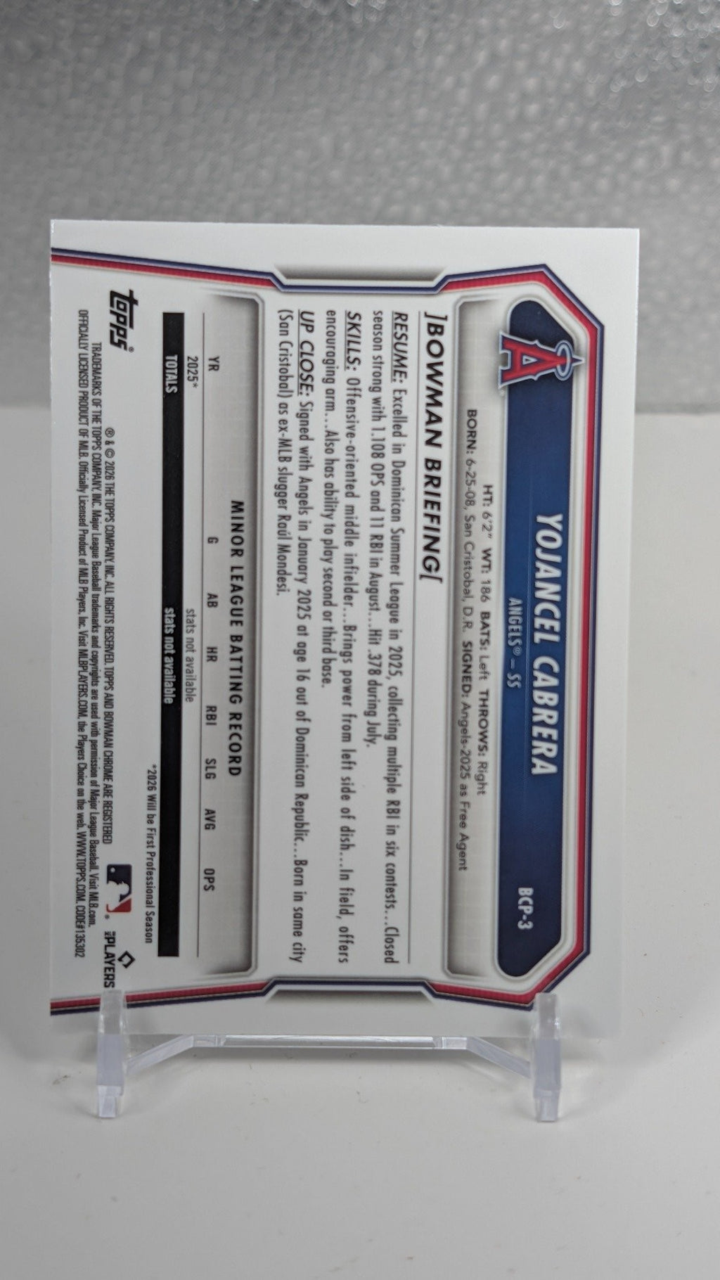 2026 Bowman Yojancel Cabrera #BCP-3 Chrome Prospects Lazer Refractor Los Angeles Angels