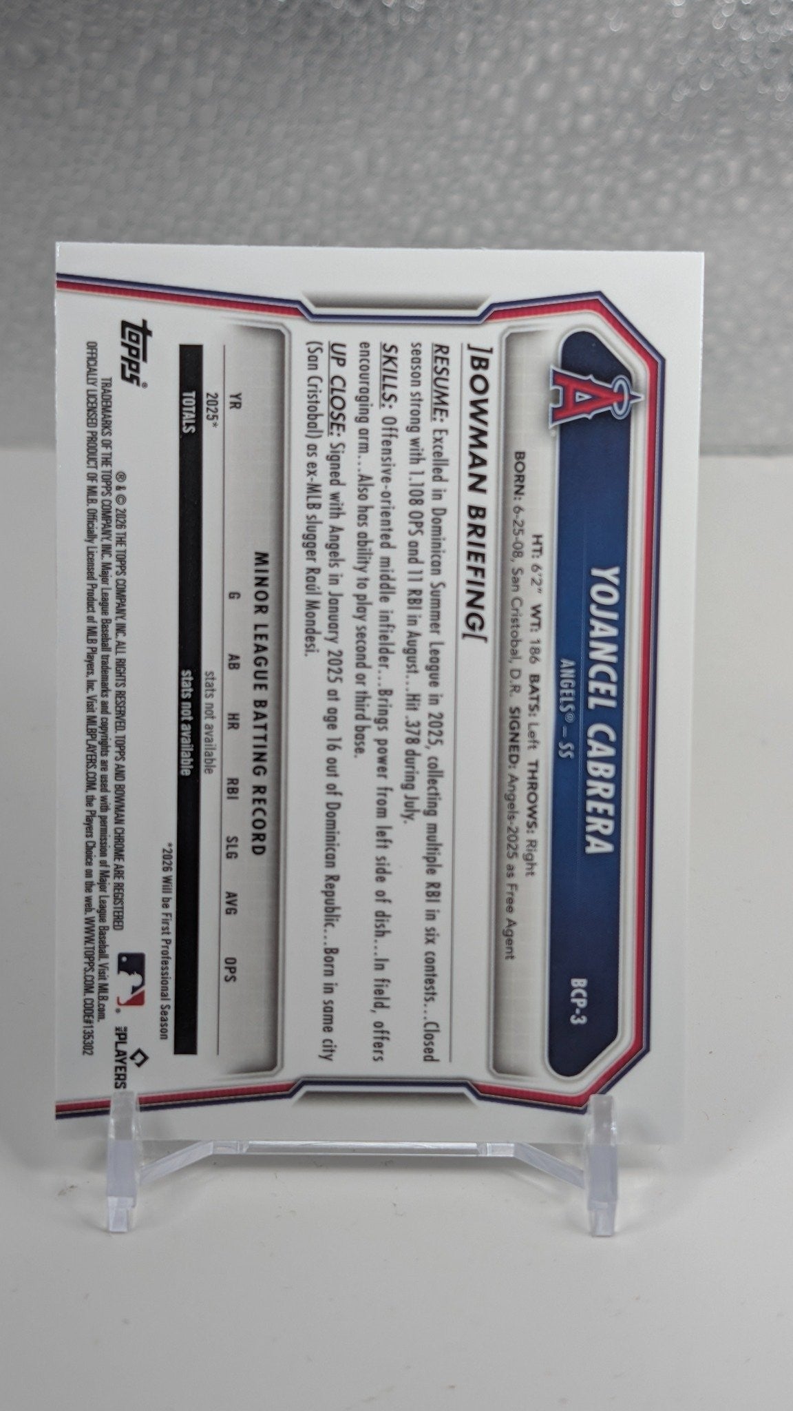 2026 Bowman Yojancel Cabrera #BCP-3 Chrome Prospects Lazer Refractor Los Angeles Angels