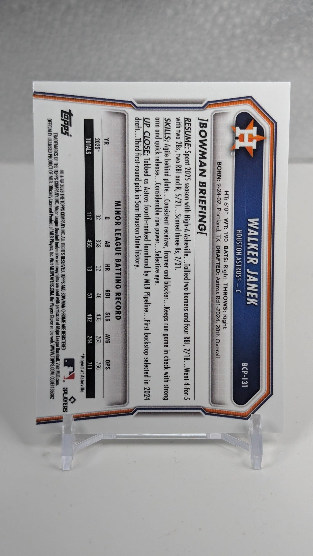 2026 Bowman Walker Janek #BCP-131 Chrome Prospects Lazer Refractor Houston Astros