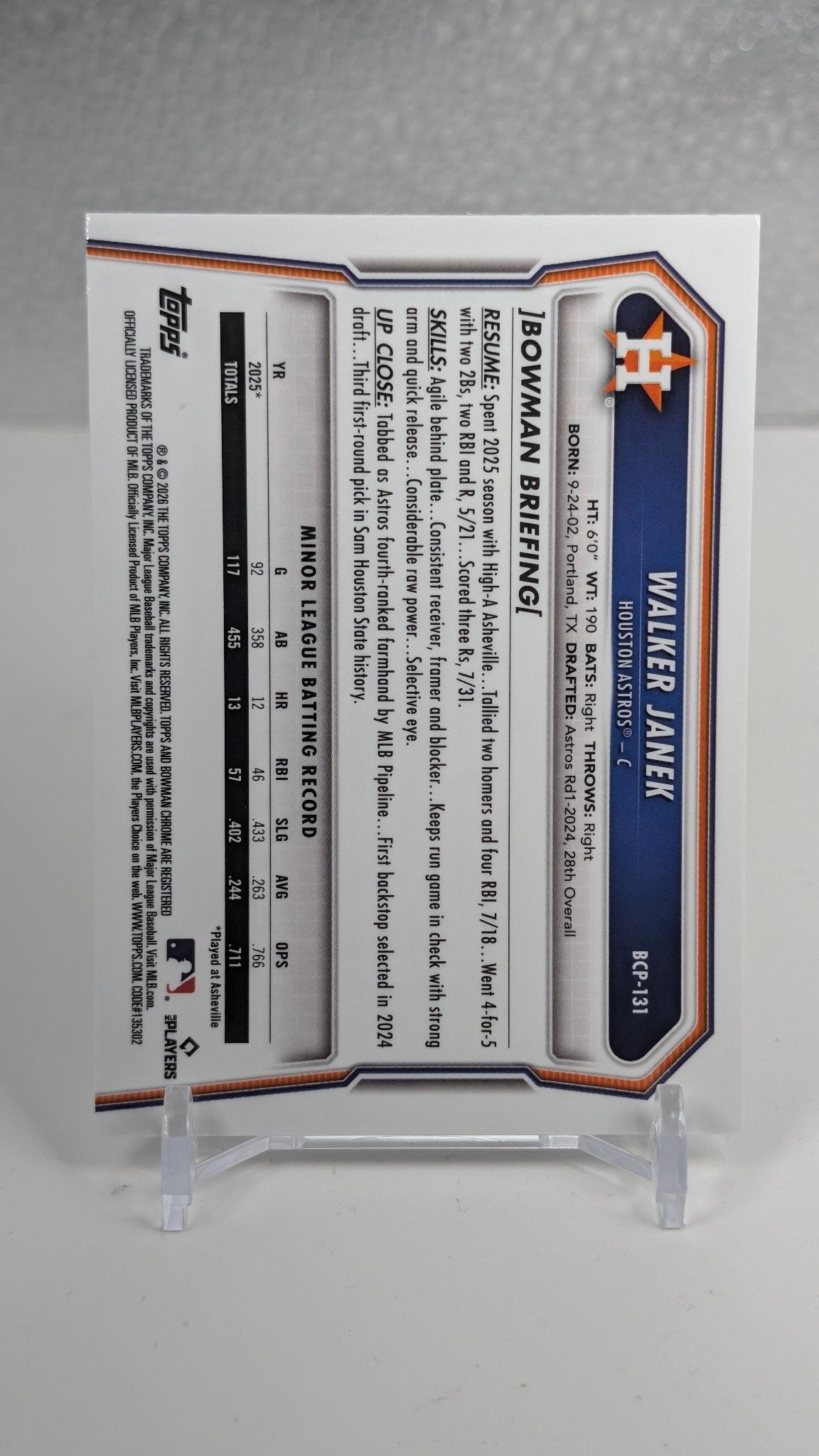 2026 Bowman Walker Janek #BCP-131 Chrome Prospects Lazer Refractor Houston Astros