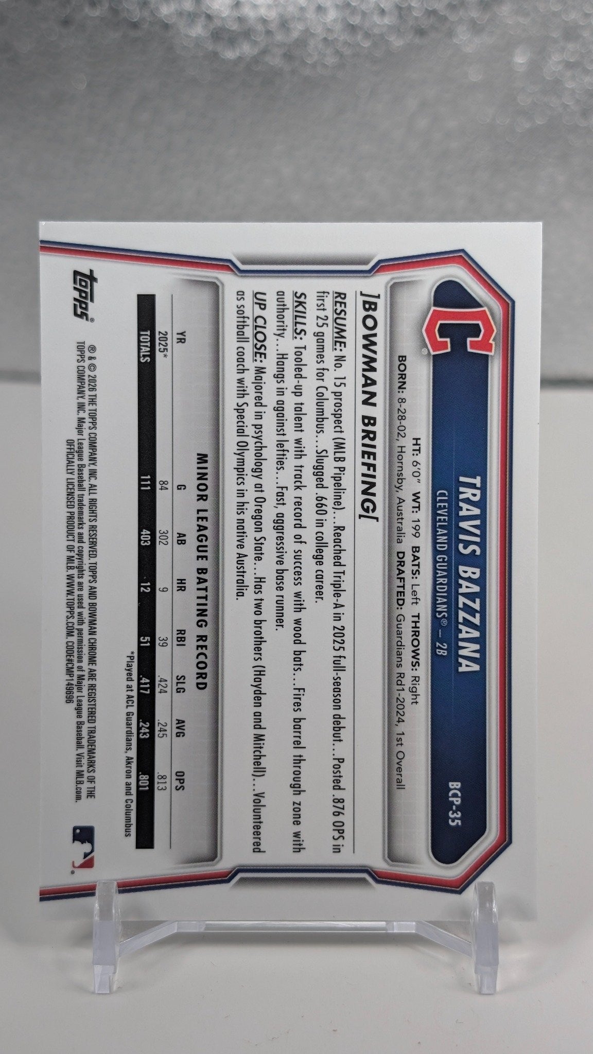 2026 Bowman Travis Bazzana #BCP-35 Chrome Prospects Mojo Refractor Cleveland Guardians