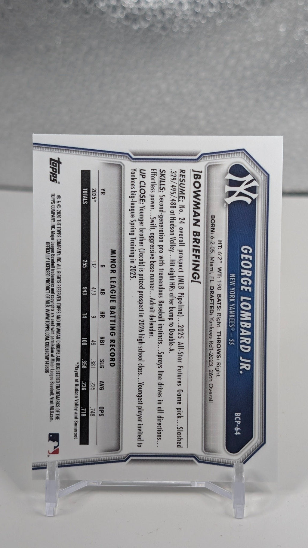 2026 Bowman George Lombard Jr. #BCP-64 Chrome Prospects Mojo Refractor New York Yankees