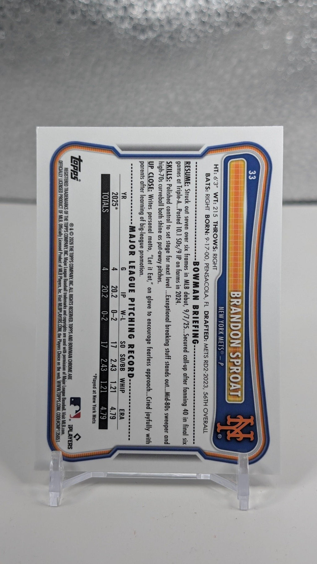 2026 Bowman Brandon Sproat #33 Chrome Mojo Refractors RC New York Mets