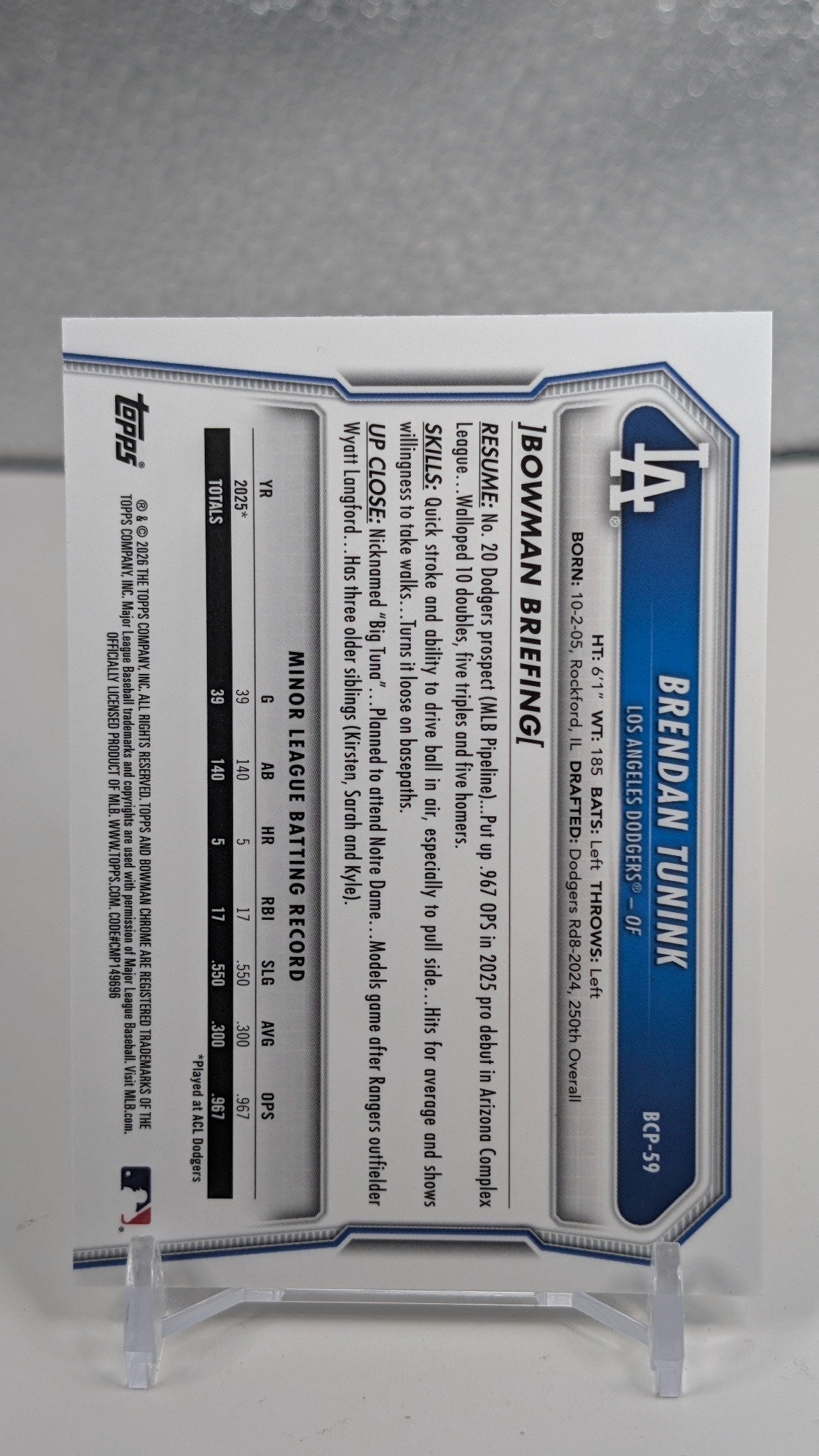 2026 Bowman Brendan Tunink #BCP-59 Chrome Prospects Mojo Refractor Los Angeles Dodgers