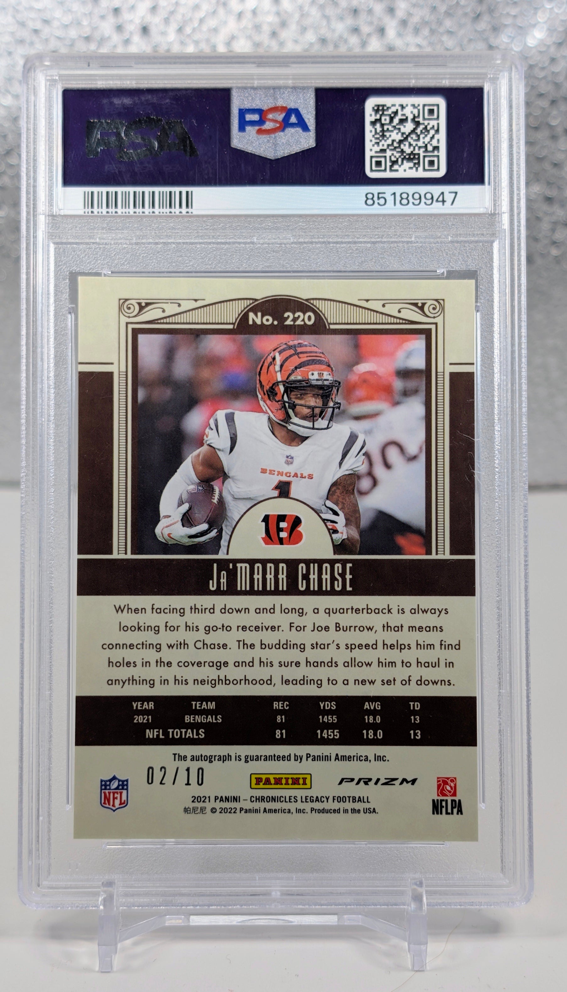 2021 Panini Chronicles Ja'Marr Chase #220 Legacy Update Rookies Signatures Blue SN,AU Cincinnati Bengals PSA 10