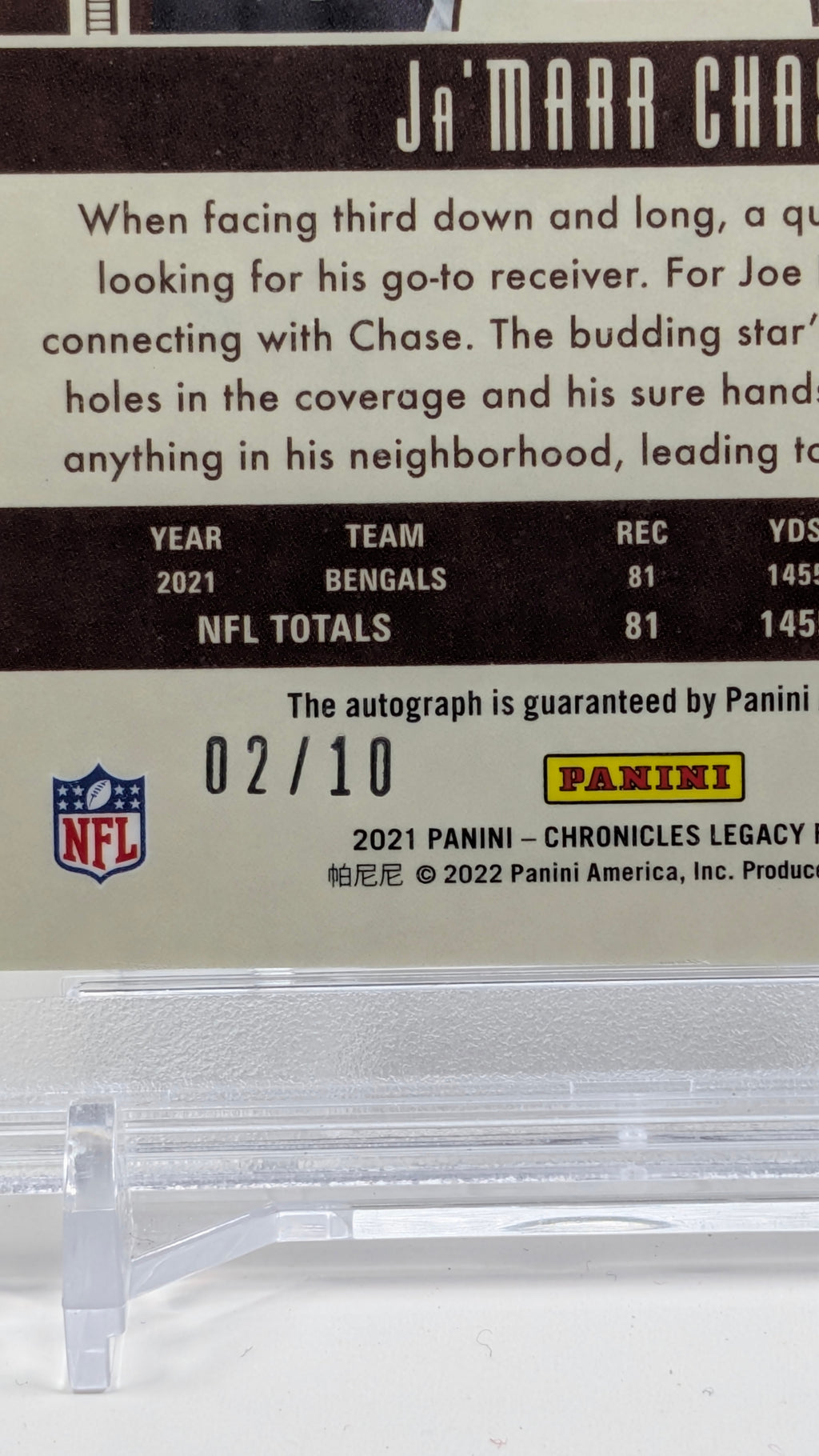 2021 Panini Chronicles Ja'Marr Chase #220 Legacy Update Rookies Signatures Blue SN,AU Cincinnati Bengals PSA 10