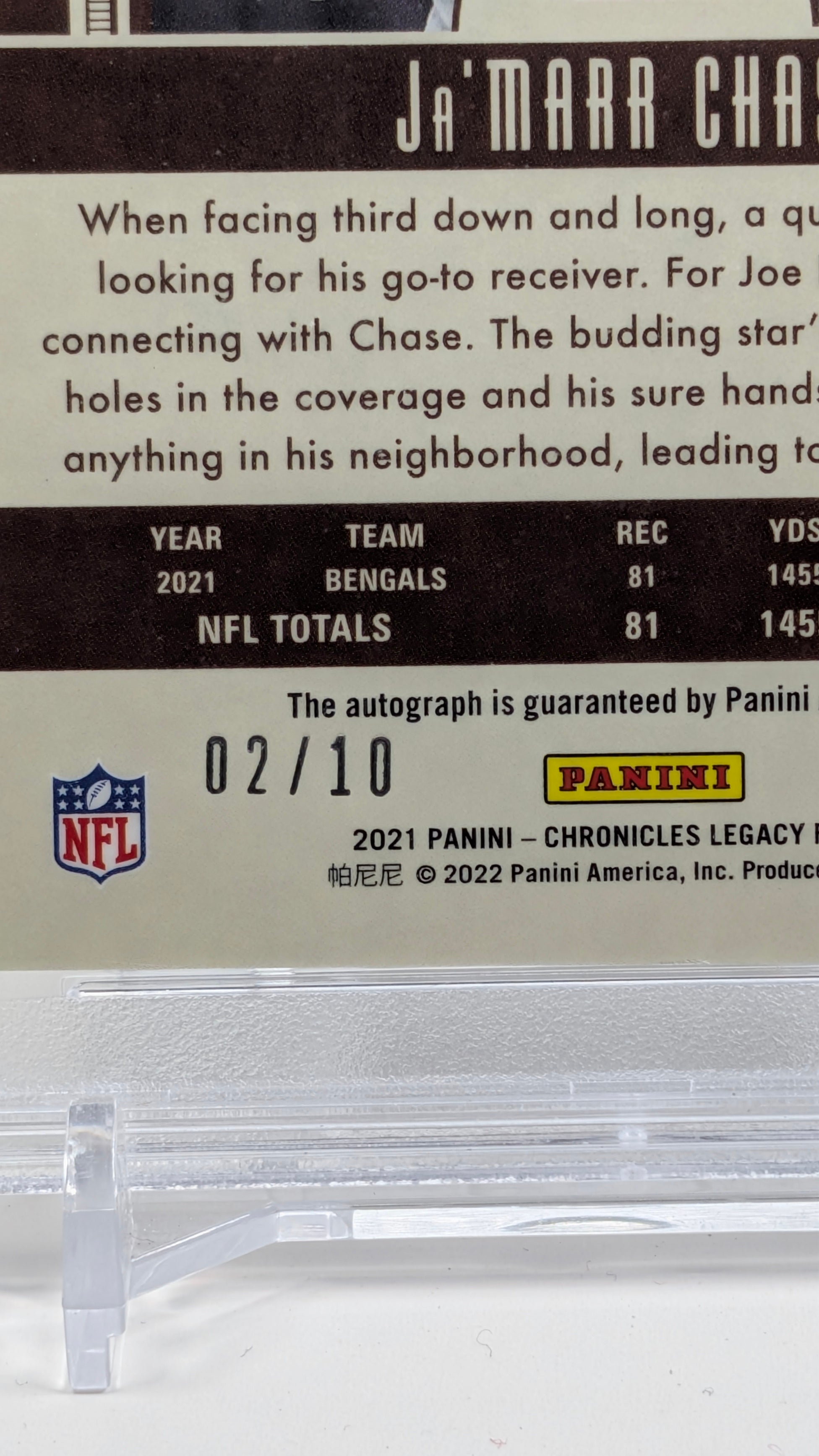 2021 Panini Chronicles Ja'Marr Chase #220 Legacy Update Rookies Signatures Blue SN,AU Cincinnati Bengals PSA 10