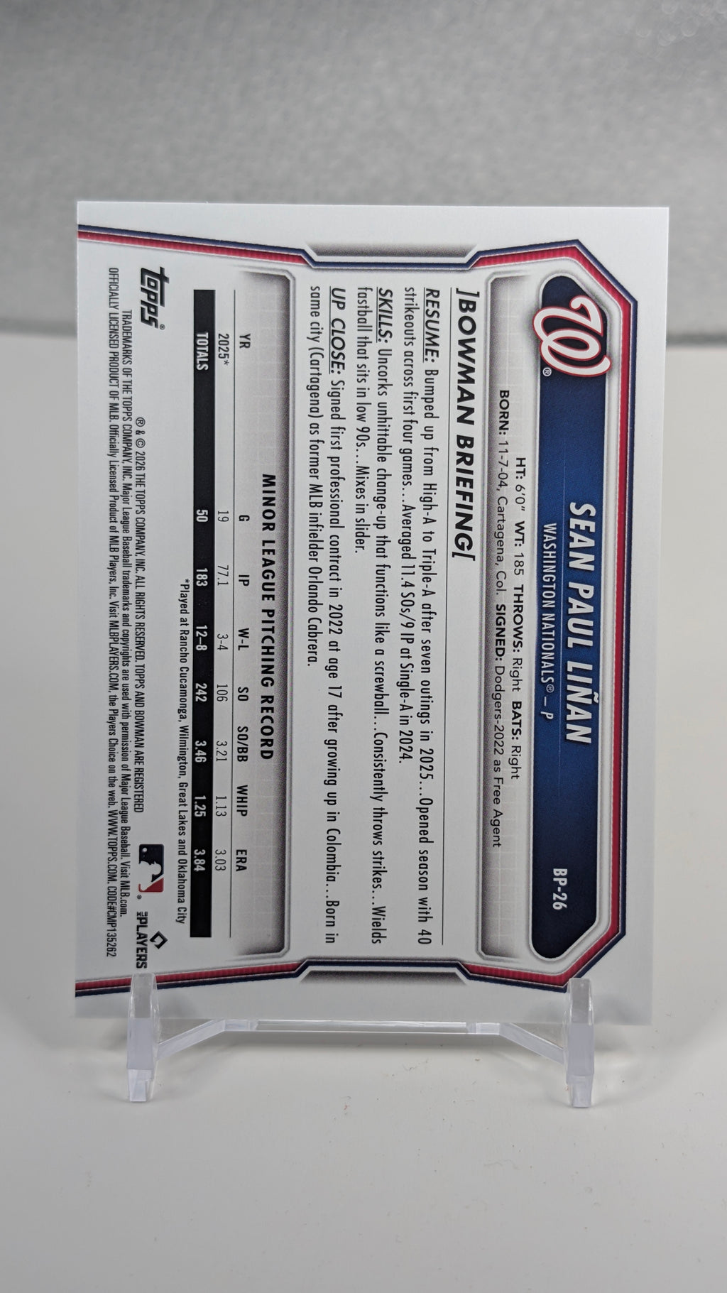 2026 Bowman Sean Paul Liñan #BP-26 Prospects Washington Nationals