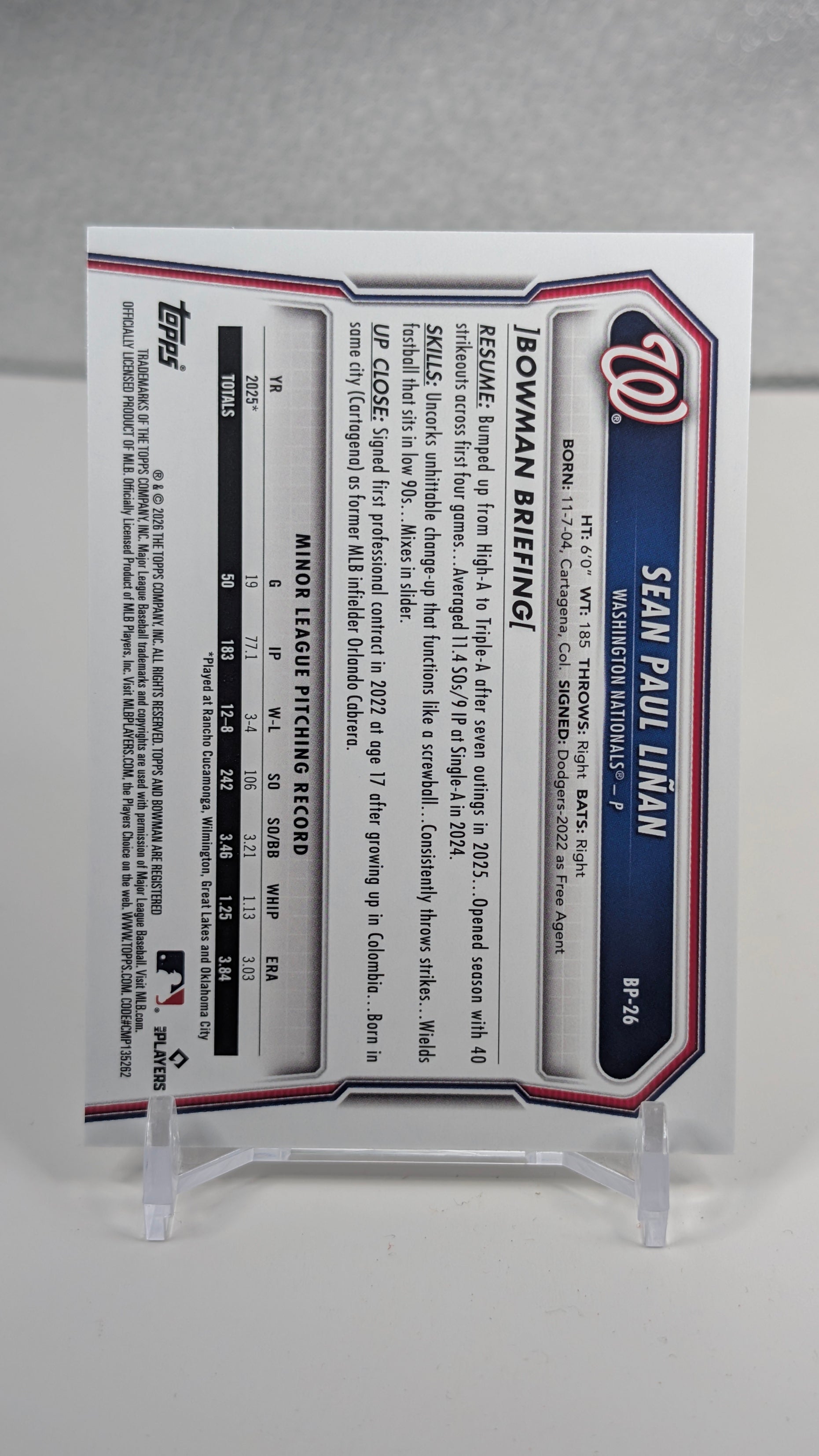 2026 Bowman Sean Paul Liñan #BP-26 Prospects Washington Nationals