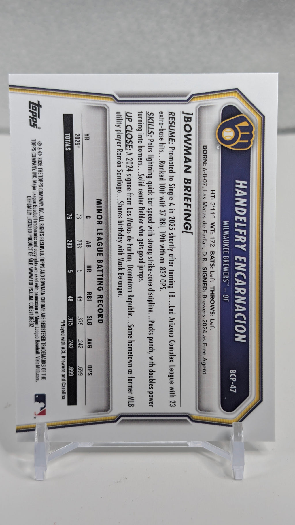 2026 Bowman Handelfry Encarnacion #BCP-47 Chrome Prospects Milwaukee Brewers